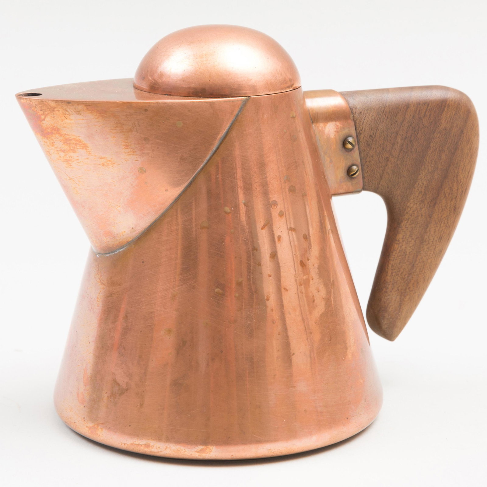 Copper and Mahogany Demitasse Pot, for Steinbock: Copper and Mahogany Demitasse Pot, for Steinbock Marked. 5 in. high. Historical Design Inc.