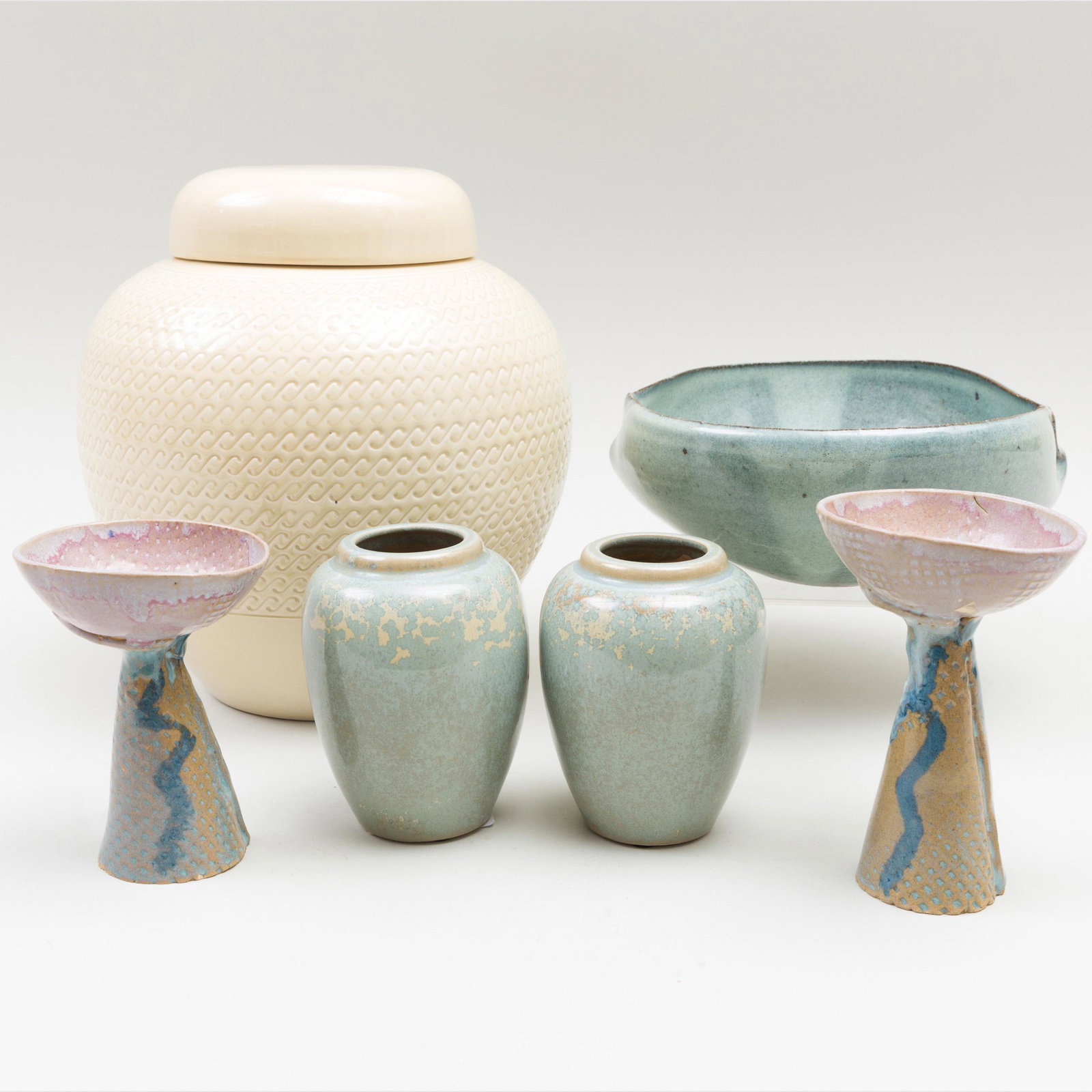 Group of Porcelain and Earthenware Vessels: Group of Porcelain and Earthenware Vessels Various makers. Comprising: A ginger jar and cover A pair of vases A slab bowl A pair of slab goblets The largest 10 in. high.