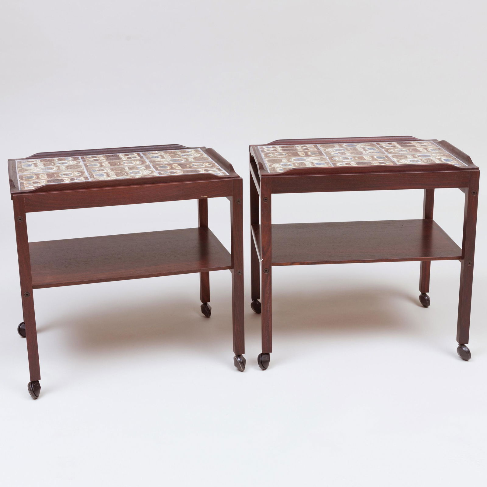 Pair of Haslev Mobelsnedkeri Tray Tables Inset with: Pair of Haslev Mobelsnedkeri Tray Tables Inset with Royal Copenhagen Tiles 19 x 15 x 19 1/2 in. Property from the Collection of Gloria and Richard Manney, NY