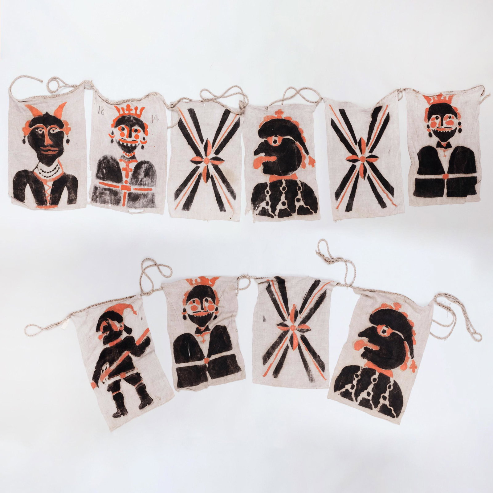 Group of Ten Swedish Painted and Woven Fabric Hunting: Group of Ten Swedish Painted and Woven Fabric Hunting Flags Each flag varying in size and tied with a rope The largest 30 x 22 1/2 in. Bengt Janson, Stockholm, Sweden, 1998.