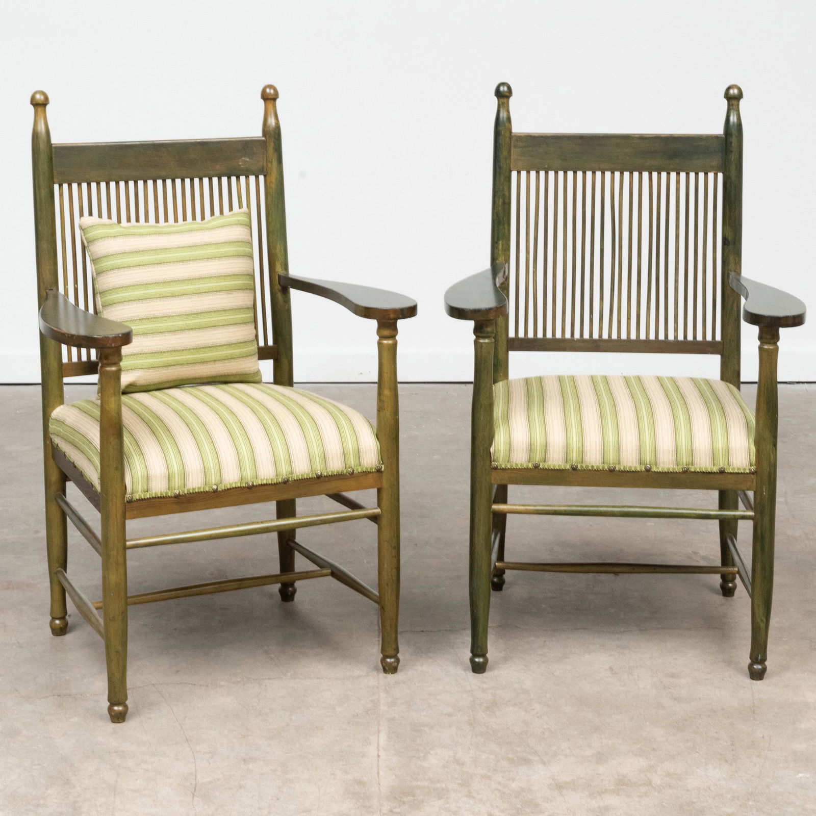 Pair of Carl Westman Stained Pine Arm Chairs: Pair of Carl Westman Stained Pine Arm Chairs Upholstered in wool with matching cushion. 41 x 26 x 22 in.