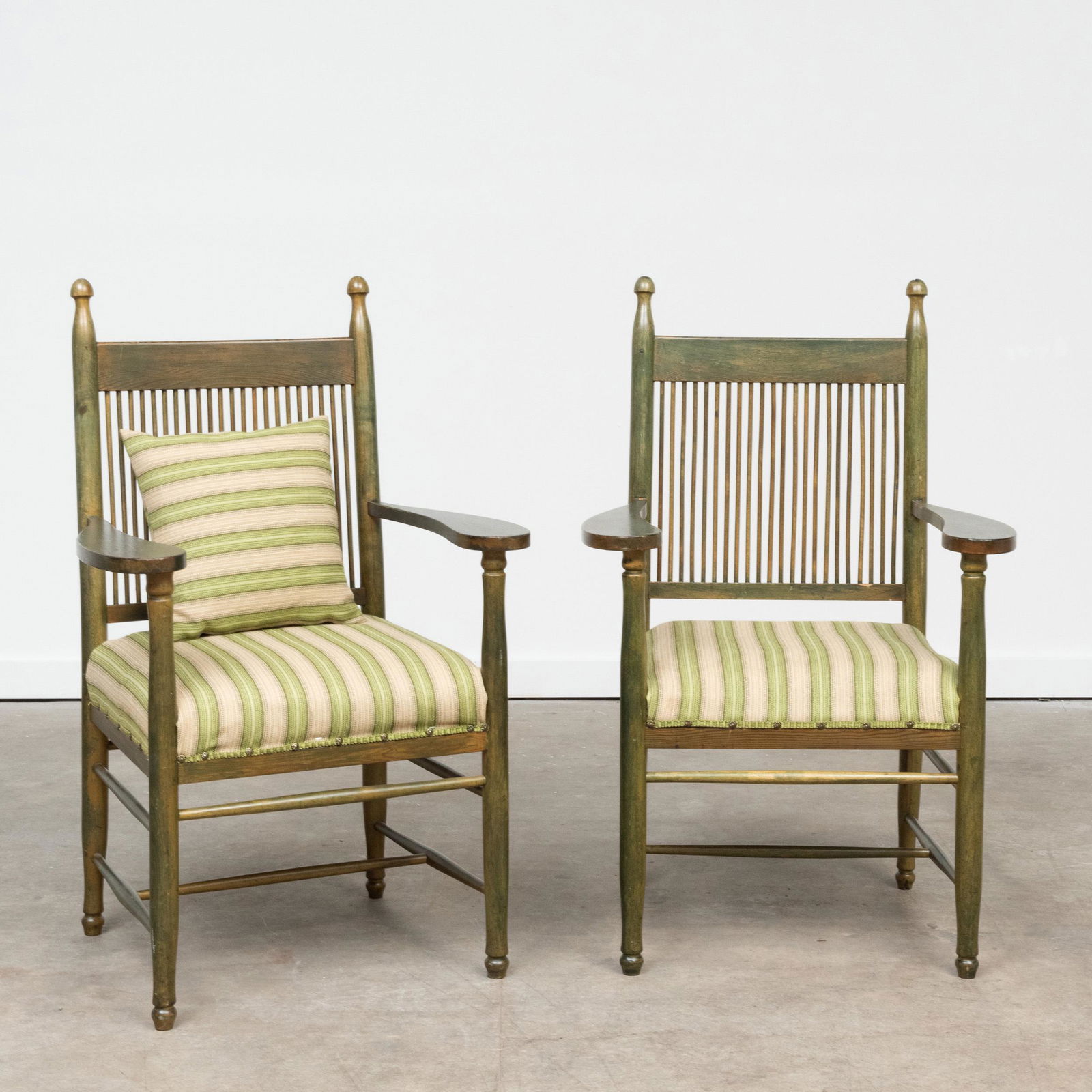 Pair of Carl Westman Stained Pine Arm Chairs: Pair of Carl Westman Stained Pine Arm Chairs Upholstered in wool with a matching loose cushion. 42 x 26 x 22 in.