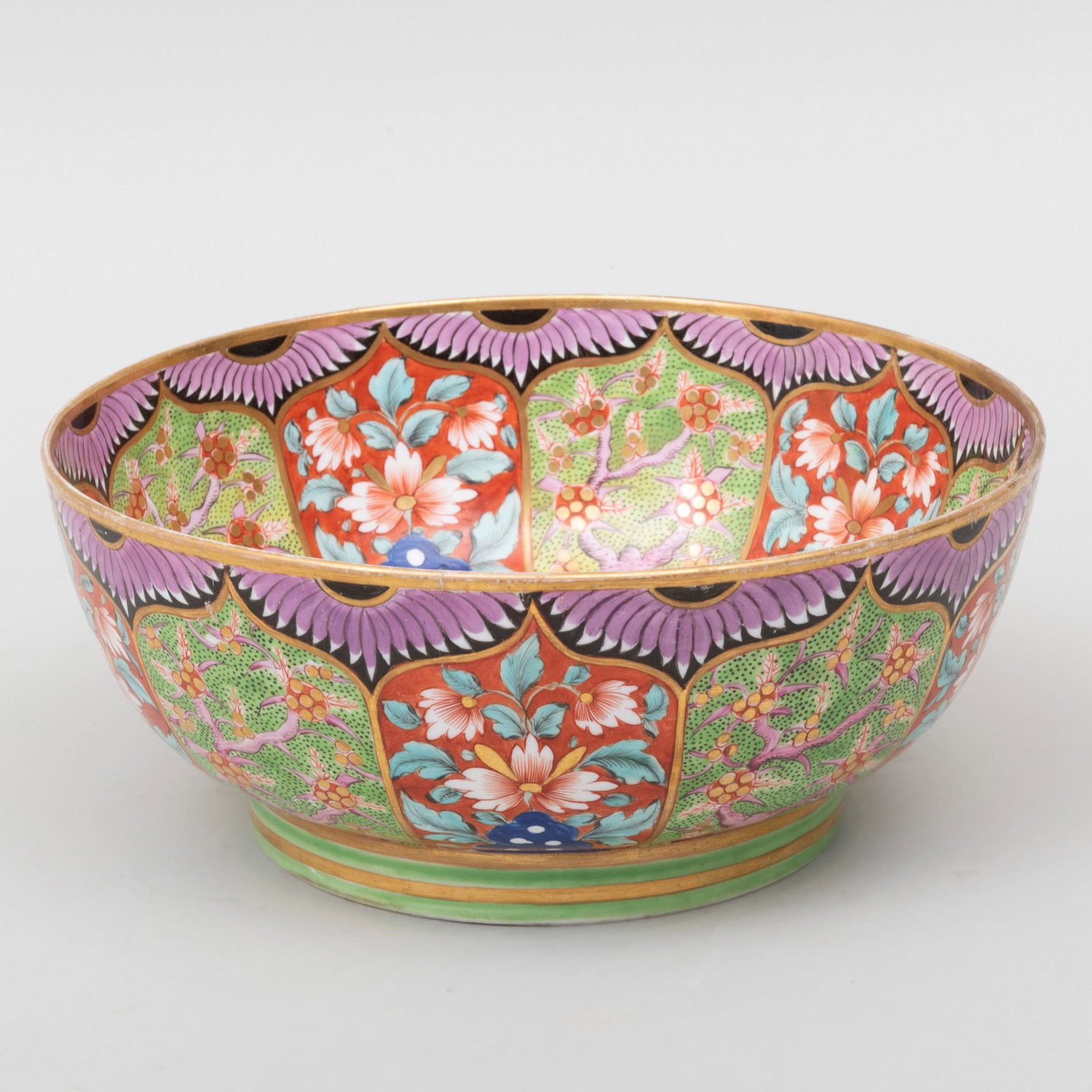 Minton Porcelain Imari Decorated Punch Bowl: English Porcelain Imari Decorated Punch Bowl, Probably Coalport Blue crossed lines over m and 555. 10 in. diam.