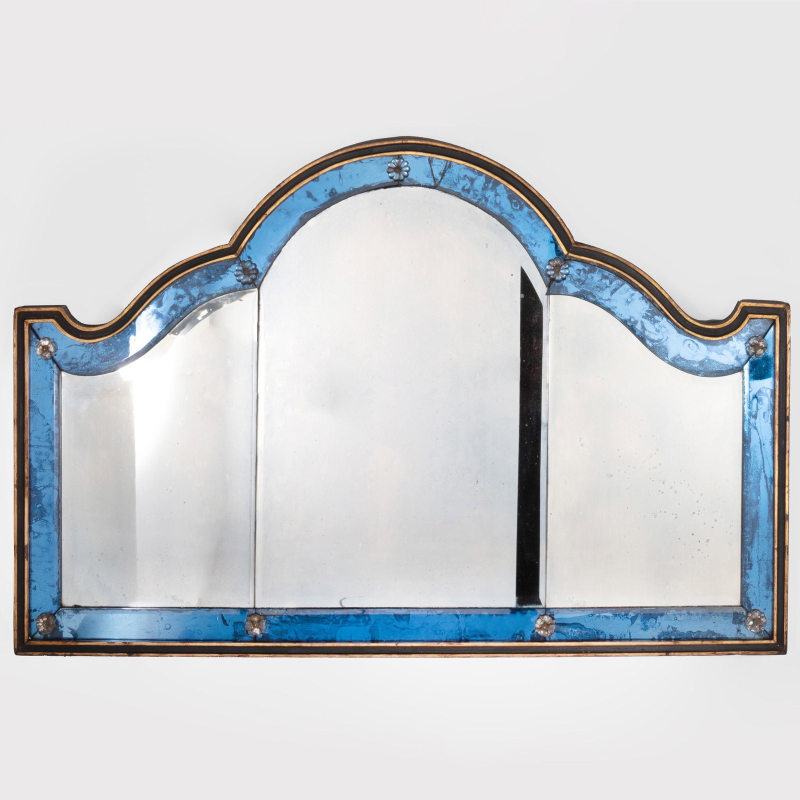 Edwardian Ebonized Parcel-Gilt and Blue Glass: Edwardian Ebonized Parcel-Gilt and Blue Glass Overmantel Mirror 30 1/2 x 48 in.