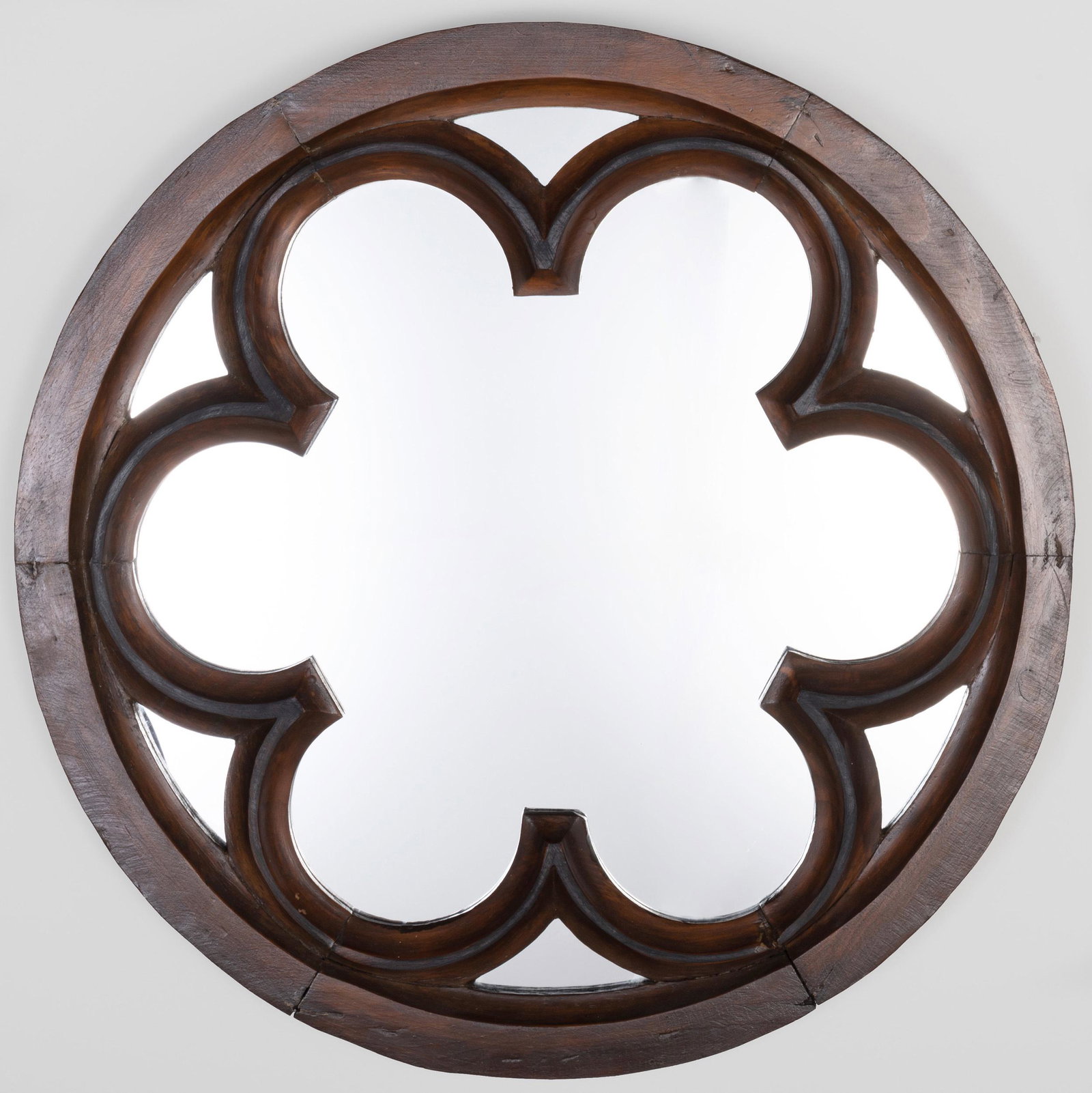 Neo-Gothic Stained Pine Mirror: Neo-Gothic Stained Pine Mirror 32 1/2 in. diam. John Rosselli, NY.