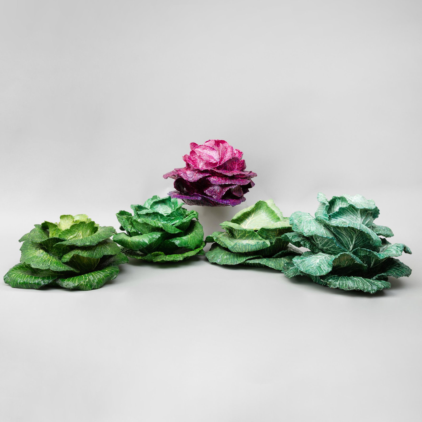 Group of Five Papier Mâché Models of Cabbage: Group of Five Papier Mâché Models of Cabbage Each with covers and underplates. The largest 10 in. high.