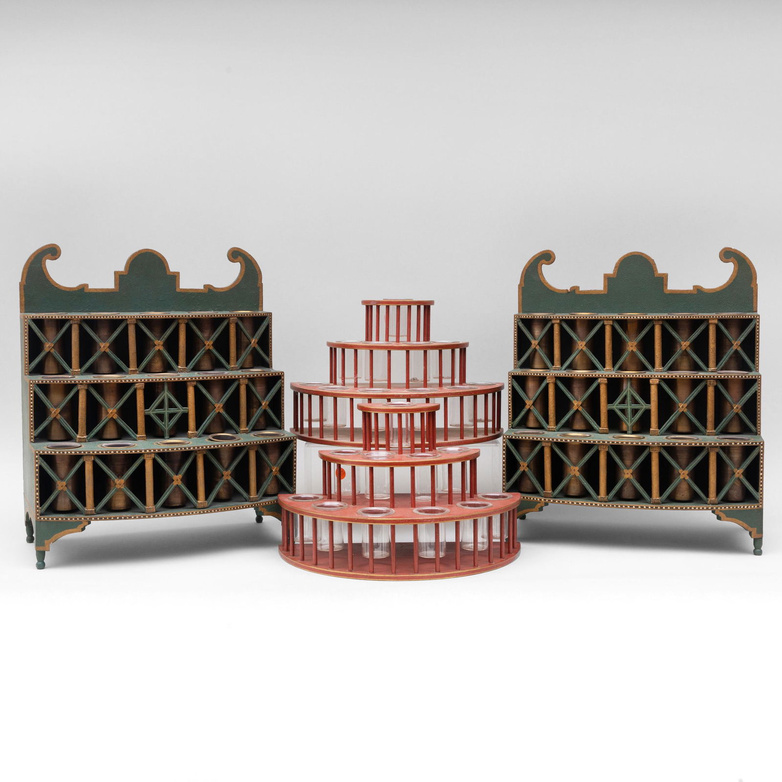 Pair of Red Painted D Shape Tulipières, Colefax &: Pair of Red Painted D Shape Tulipières, Colefax & Fowler and a Pair of Green Painted Tulipières The red painted with eleven glass vessels; the green by Niermann Weeks with label and fifteen turned m