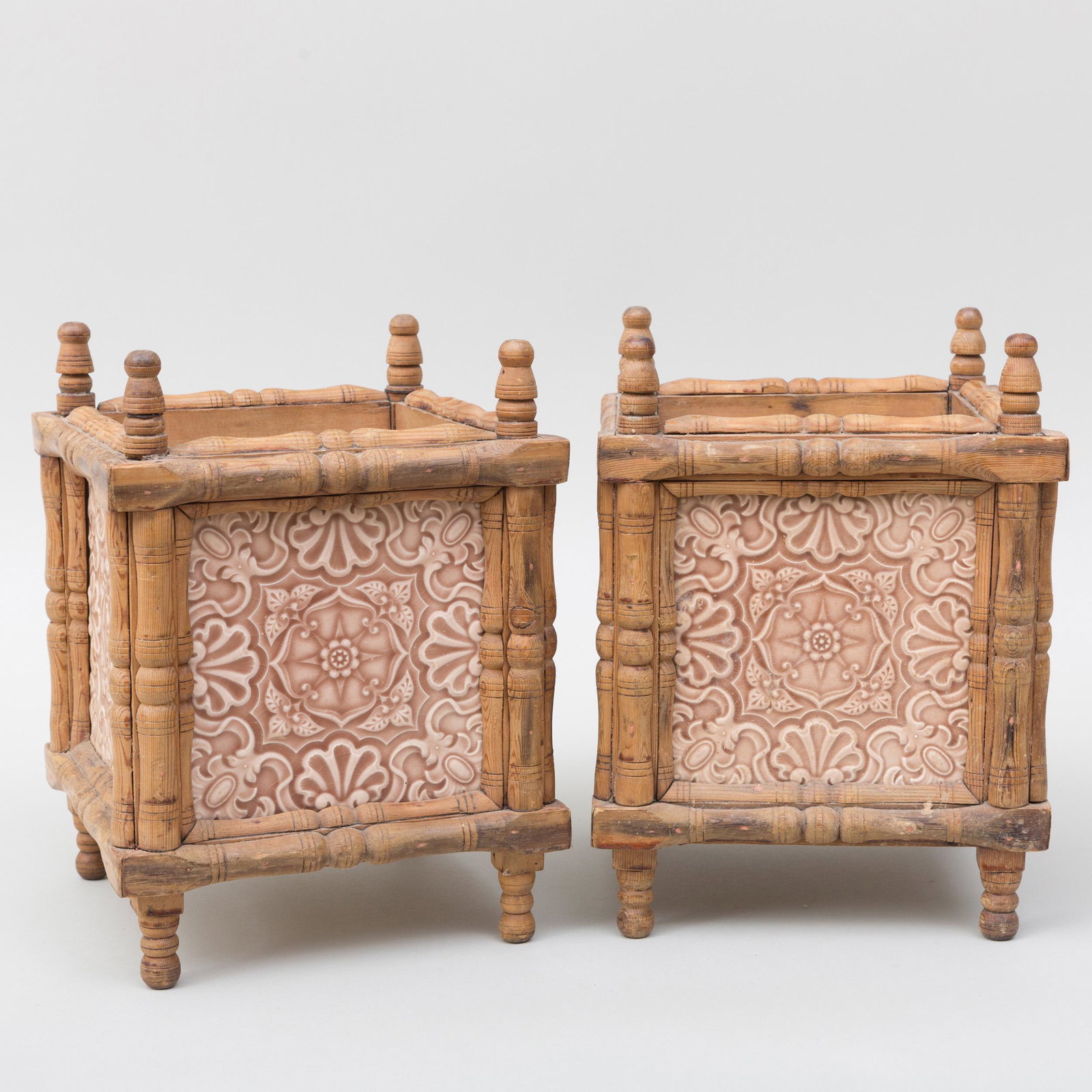 Pair of Turned Wood and Inset Minton Porcelain Tile: Pair of Turned Wood and Inset Minton Porcelain Tile Planters Cast marks. 11 3/4 x 8 1/2 x 8 1/2 in.