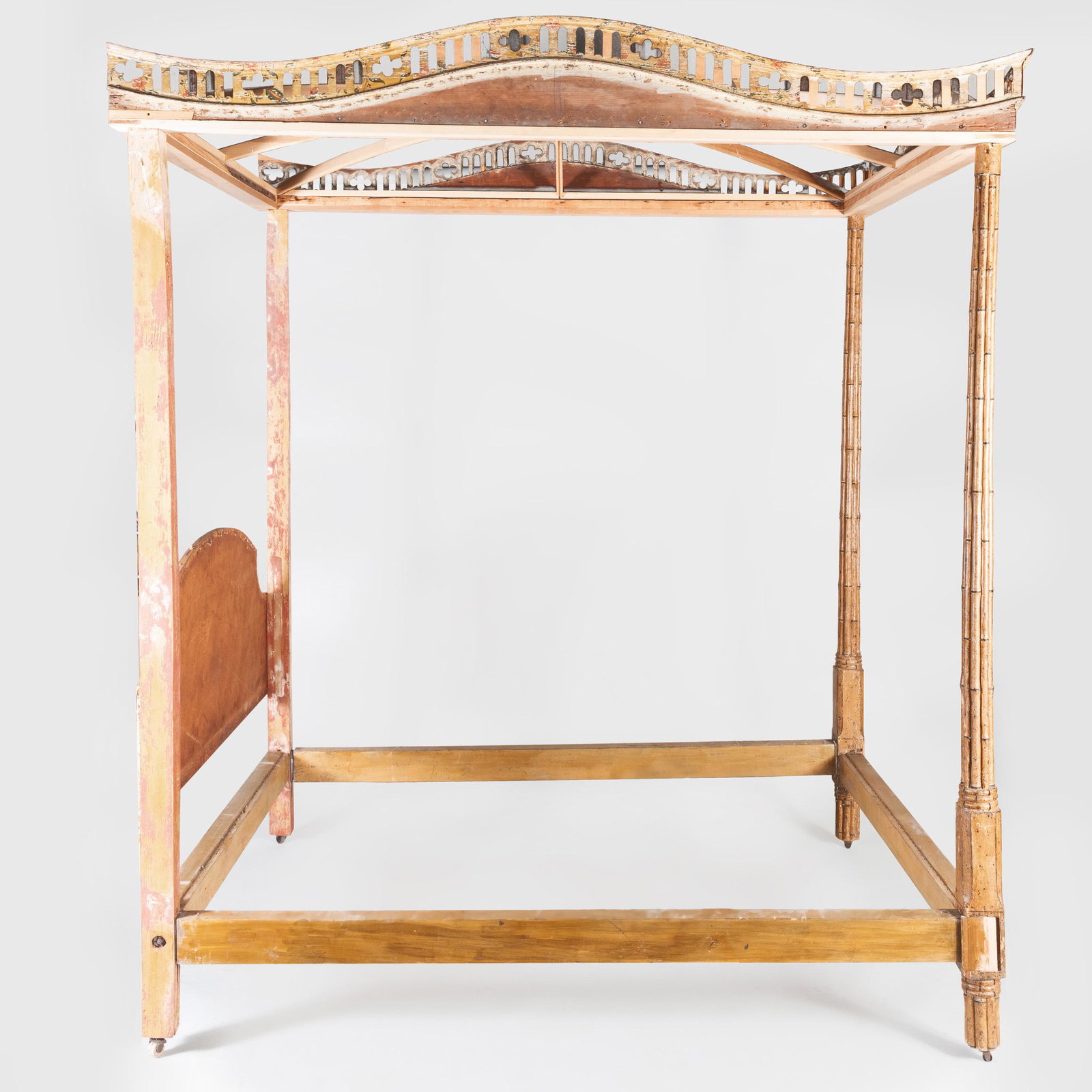 Late George III Painted Faux Bamboo Tester Bed: Late George III Painted Faux Bamboo Tester Bed 94 x 78 x 61 1/2 in. Interior: 70 x 55 in. Note: Another example of a faux bamboo tester bed was sold Sotheby's, NY, The Collection of Marietta Tree on O