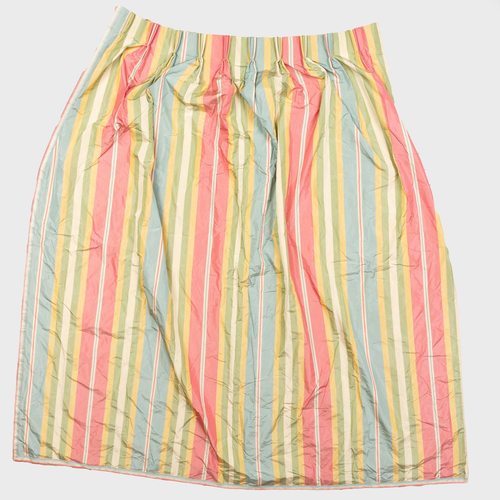 Miscellaneous Group of Striped Silk Curtains: Miscellaneous Group of Striped Silk Curtains Comprising: A Pair of Multicolored Striped Curtains, 7 ft. 8 in. x 4 ft. 4 in. (top) x 8 ft. (bottom). A Multicolored Striped Valance with wood tassels, le