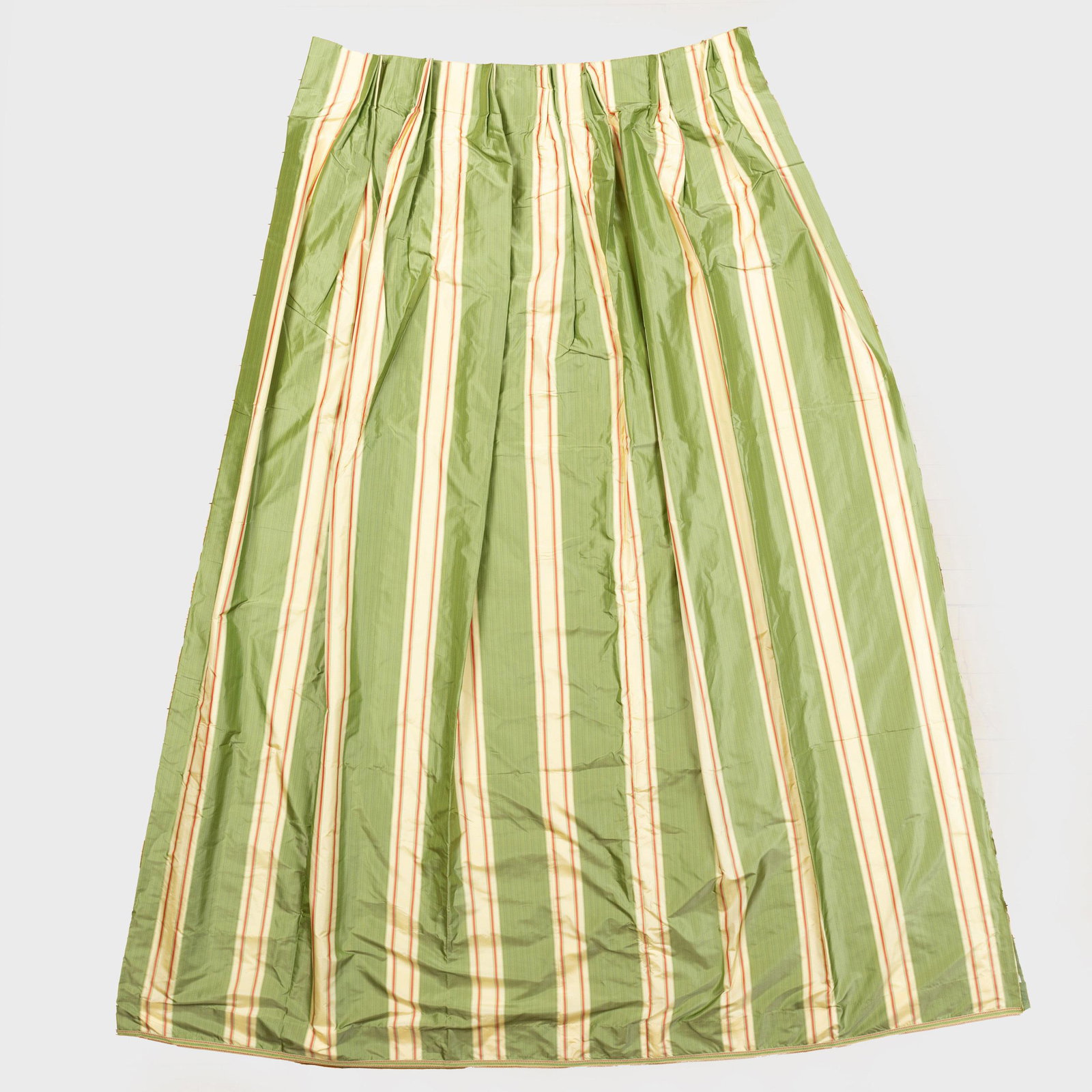 Group of Green and Cream Silk Striped Curtains: Group of Green and Cream Silk Striped Curtains Comprising: A pair of curtains with different lining: 7 ft. 5 in. x 3 ft. 2 in. (top) x 7 ft. (bottom). Single curtain: 7 ft. 6 in. x 6 ft. 10 in. (top