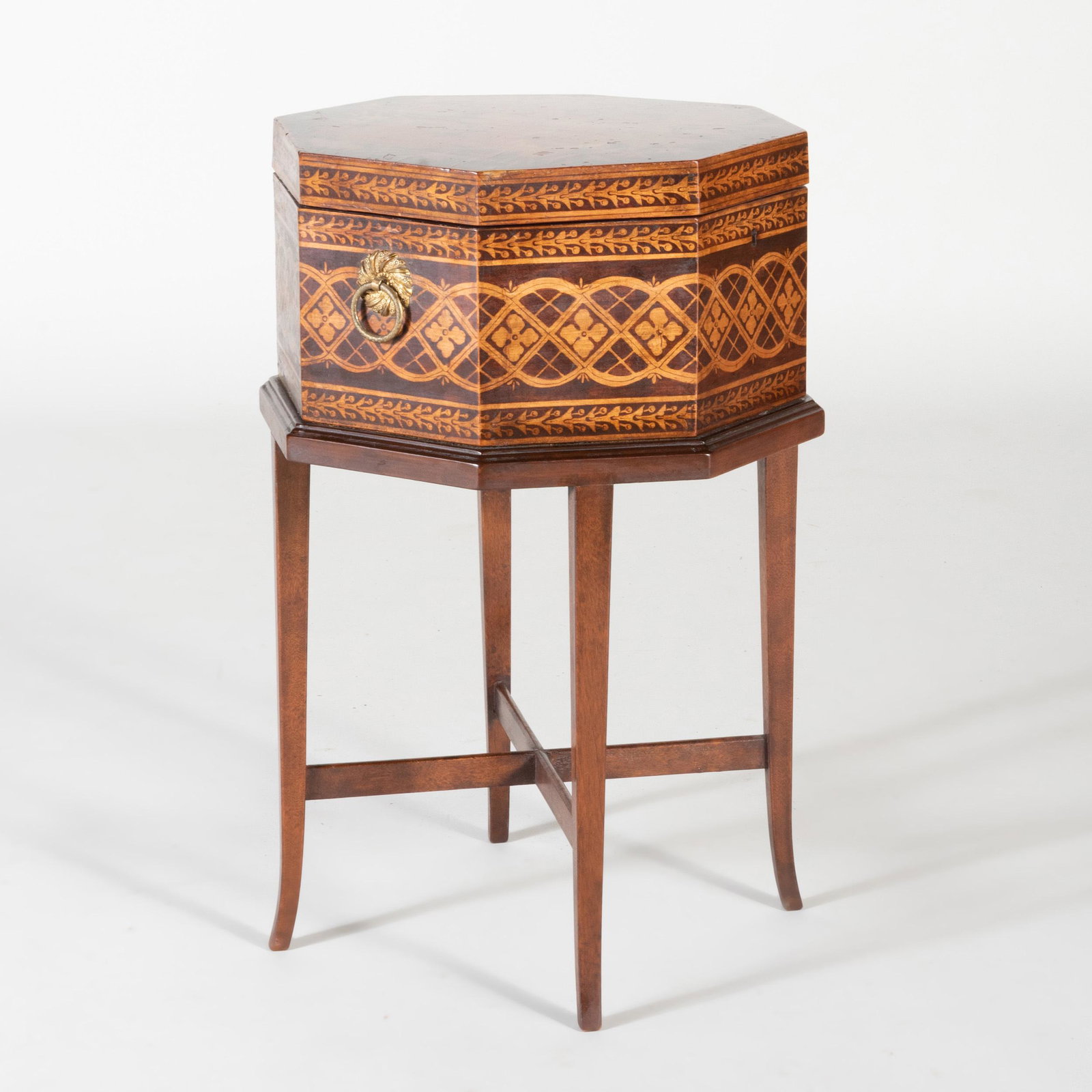 Small George III Octagonal Penwork Work Box on Later: Small George III Octagonal Penwork Work Box on Later Stand Opening to three fitted compartments. Overall: 20 1/2 x 12 x 12 in. Note: With a yellow chalk inventory number on the underside, possibly Sta