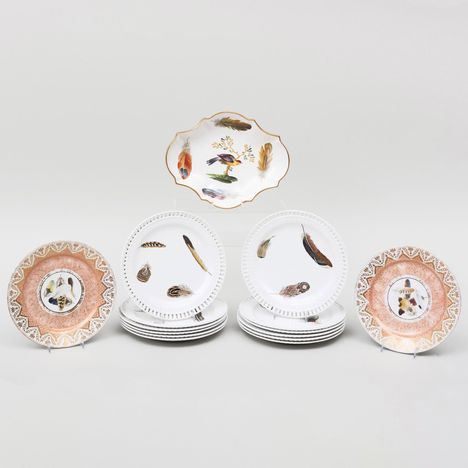 Pair of Chamberlains Worcester Porcelain Feather: Pair of Chamberlains Worcester Porcelain Feather Cabinet Plates, a Set of Twelve Minton Plates Transfer Printed and Enriched with Feathers and another English Serving Dish Decorated with Feathers The 