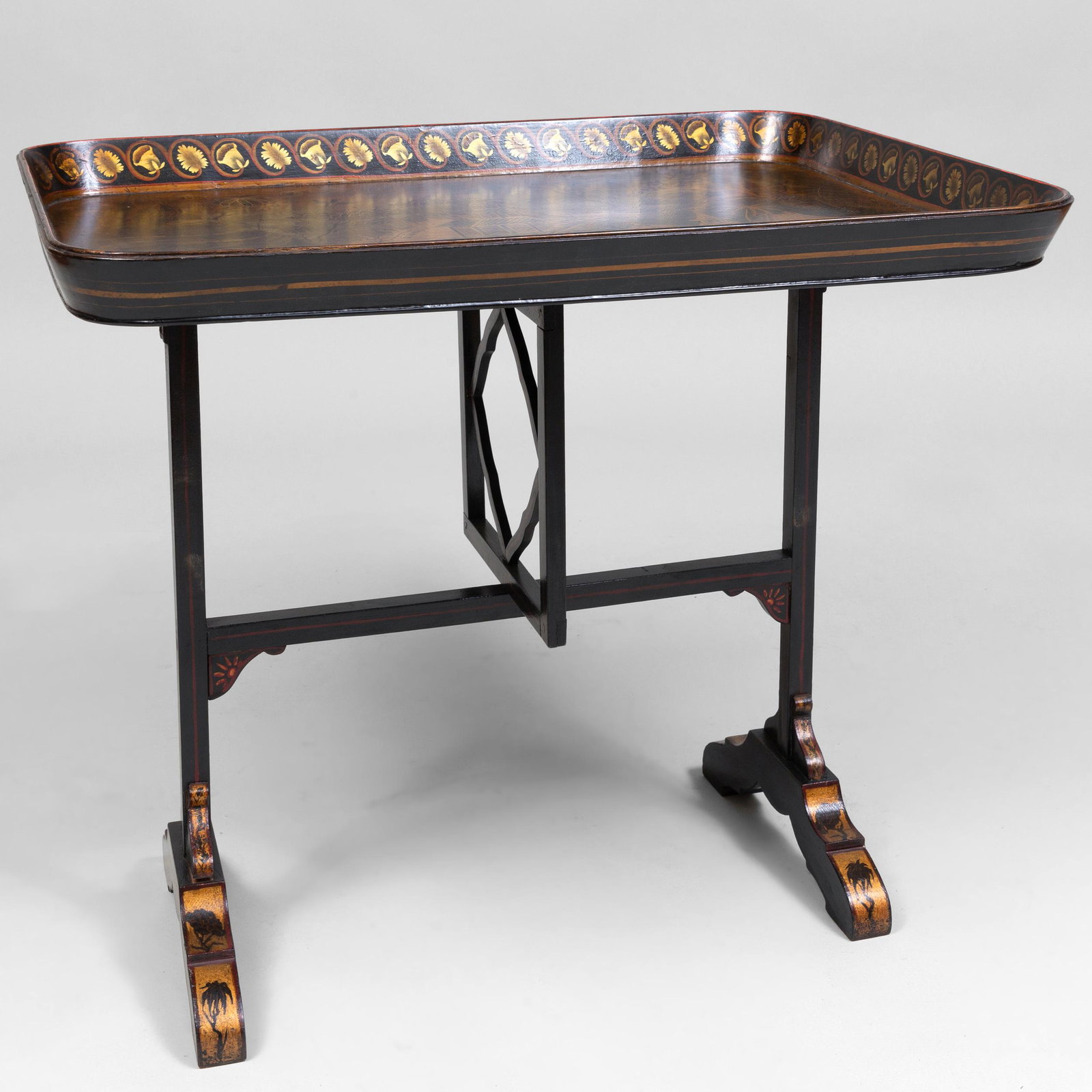 Victorian Black Painted and Parcel-Gilt Papier Mâché: Victorian Black Painted and Parcel-Gilt Papier Mâché Tray on Stand 25 3/4 x 30 1/4 x 22 1/4 in.