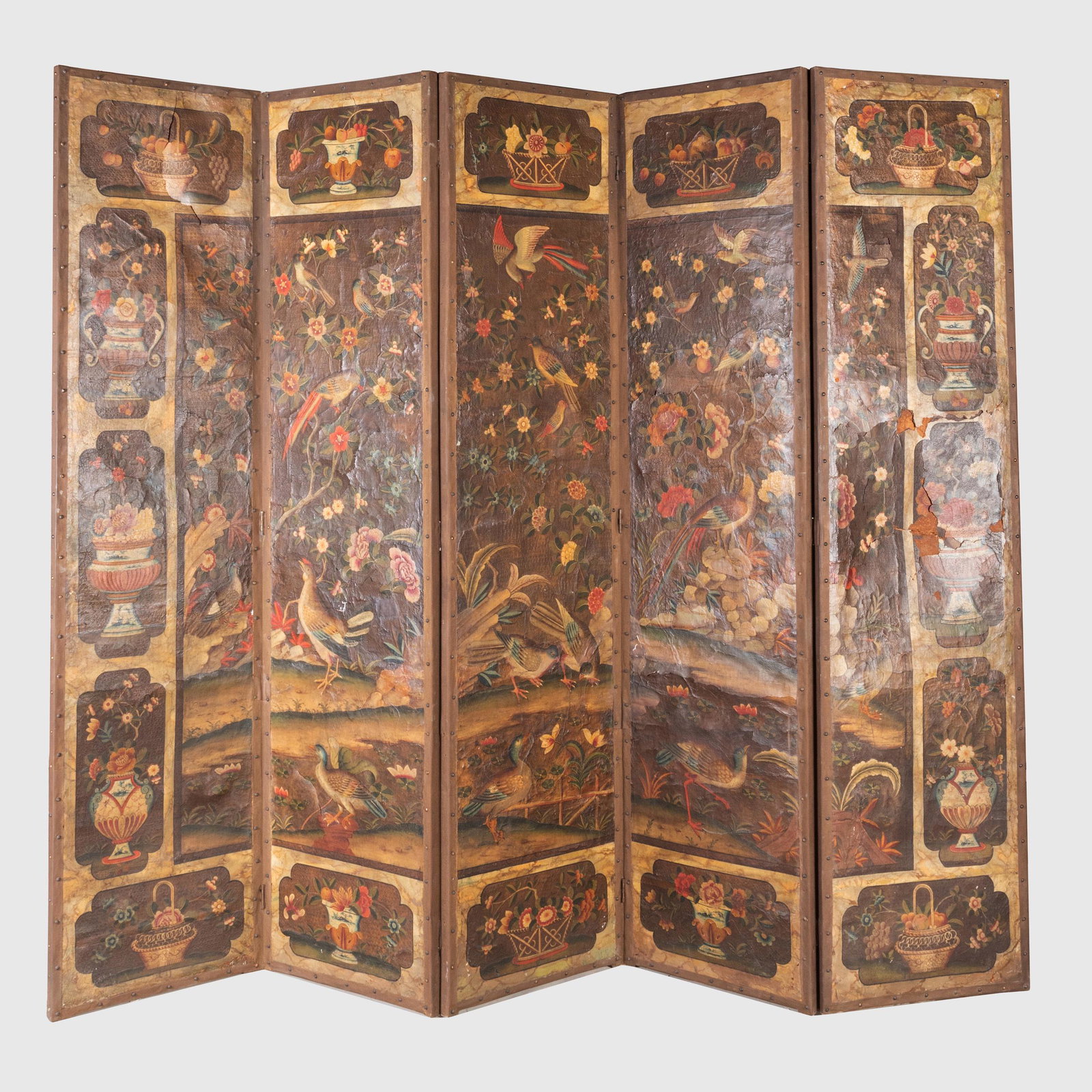 Dutch Polychrome Painted and Parcel-Gilt Leather Five: Dutch Polychrome Painted and Parcel-Gilt Leather Five Panel Screen 7 ft. x 20 3/4 in. (each panel). Note: Illustrated on the cover of Mario Buatta: Fifty Years of American Interior Decoration. Exhibit