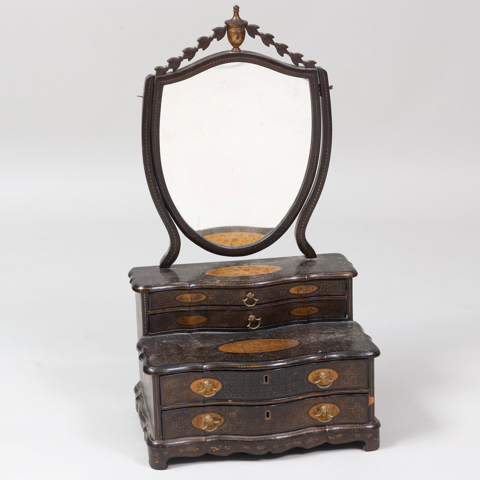 Victorian Black Lacquer and Parcel-Gilt Dressing Mirror: Victorian Black Lacquer and Parcel-Gilt Dressing Mirror 30 x 16 1/2 x 11 3/4 in. Spruce Antiques, Lake Forest, IL.