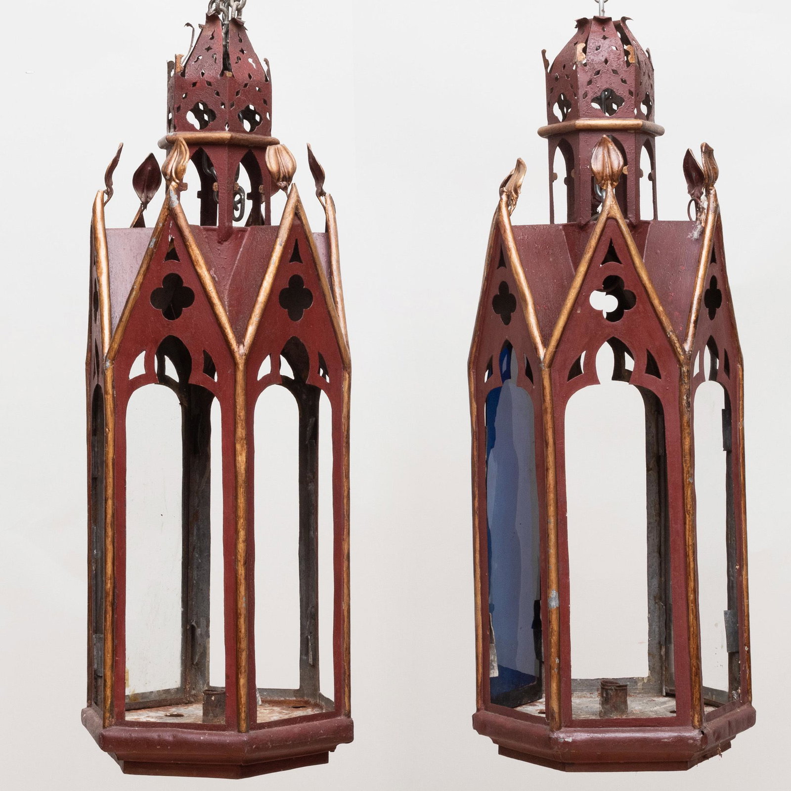 Pair of Neo-Gothic Red Tôle Lanterns: Pair of Neo-Gothic Red Tôle Lanterns 28 x 10 x 10 in.