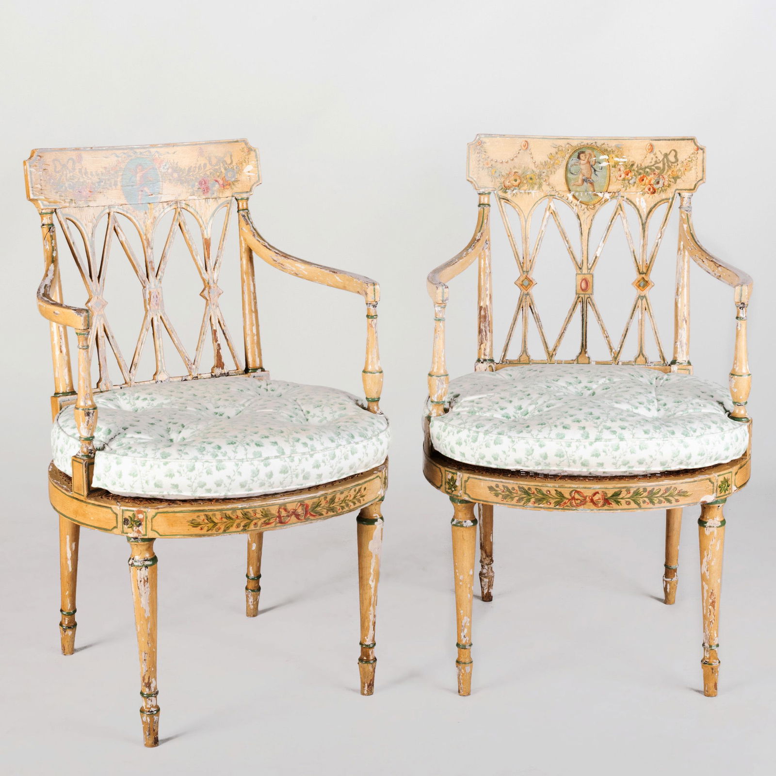Pair of George III Painted and Caned Armchairs: Pair of George III Painted and Caned Armchairs Each fitted with a loose cushion. 35 1/4 x 21 x 21 1/2 in.