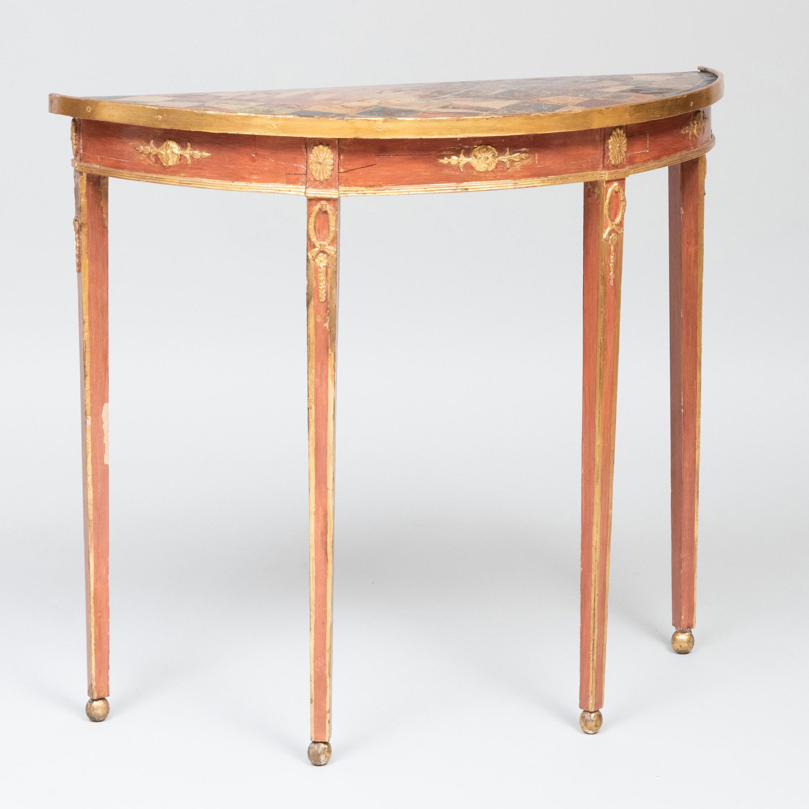 George III Painted D Shaped Console Table: George III Painted D Shaped Console Table With a faux marble top. 30 x 33 1/4 x 14 1/2 in.