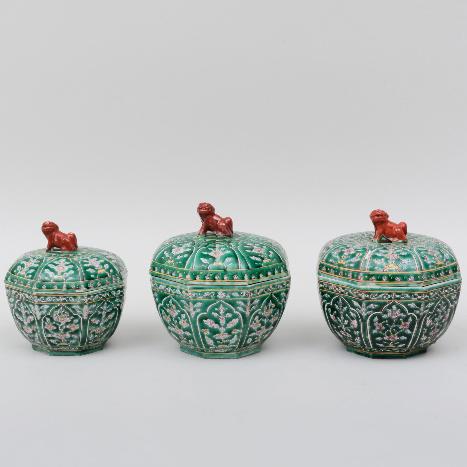 Chinese Famille Verte Porcelain Three Piece Garniture: Chinese Famille Verte Porcelain Three Piece Garniture The larger 6 1/2 x 6 1/4 in. diam. Sold Sotheby's, NY, From the Collection of the Late John A. McCone, January 31, 1992, Lot 216.
