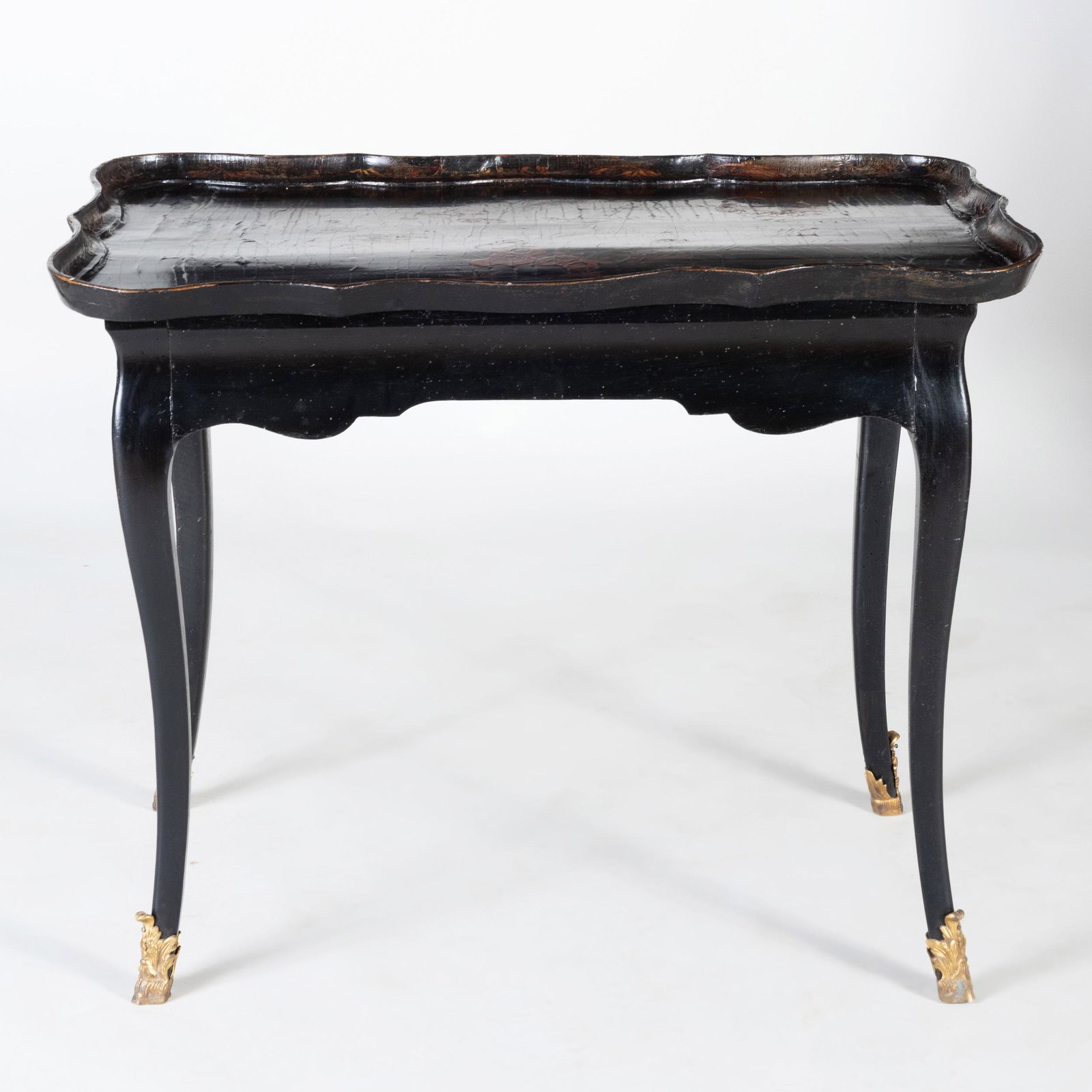 Louis XV Style Provincial Ormolu-Mounted Black Lacquer: Louis XV Style Provincial Ormolu-Mounted Black Lacquer Table With a later lacquer tray top. 27 1/2 x 34 1/2 x 22 in. Sold Christie's, NY, The Devine Collection, Part II, October 10-12, 1985, Lot 979.