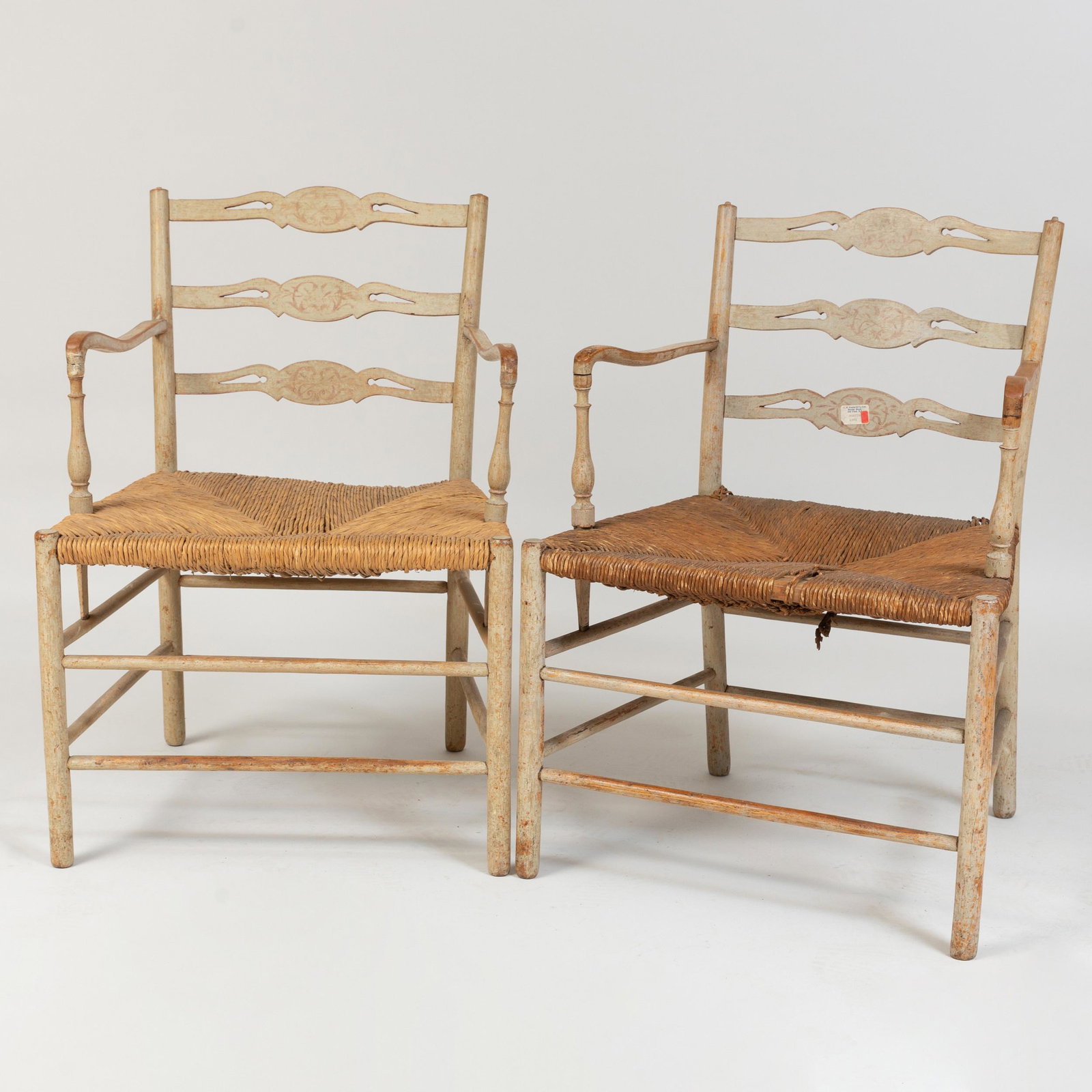 Pair of George III Provincial Painted Armchairs: Pair of George III Provincial Painted Armchairs Each with rush seats. 32 x 23 1/4 x 20 3/4 in.