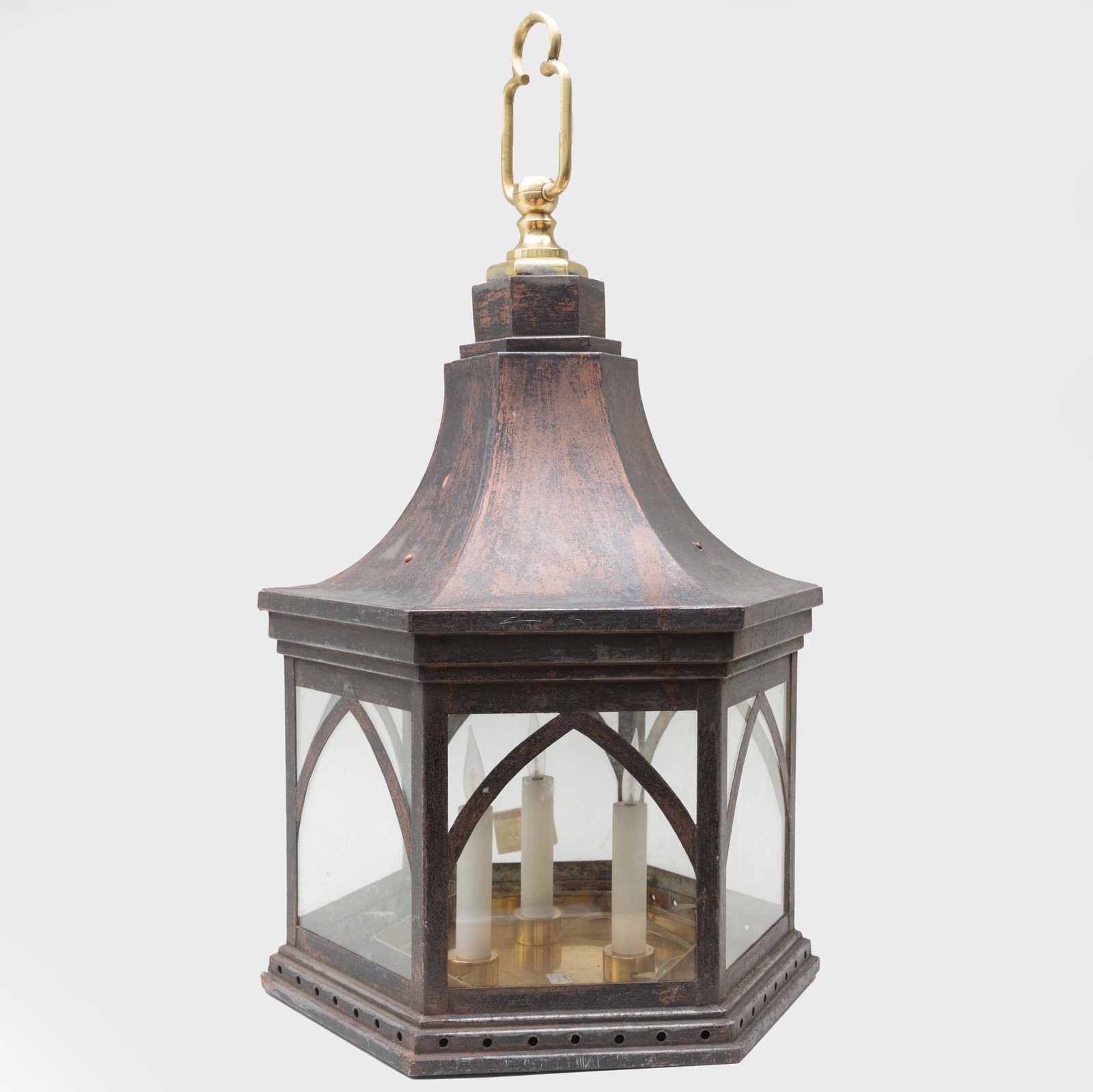 Victorian Hexagonal Painted Tin and Copper Lantern: Victorian Hexagonal Painted Tin and Copper Lantern The interior fitted with three-lights. 28 x 16 x 16 in.