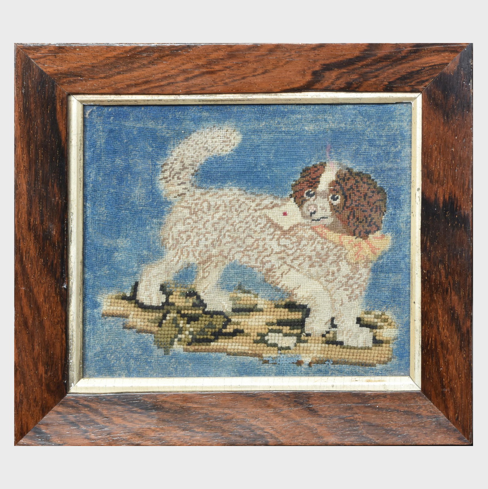English Needlepoint of a Spaniel with a Bow: English Needlepoint of a Spaniel with a Bow 9 x 10 in.