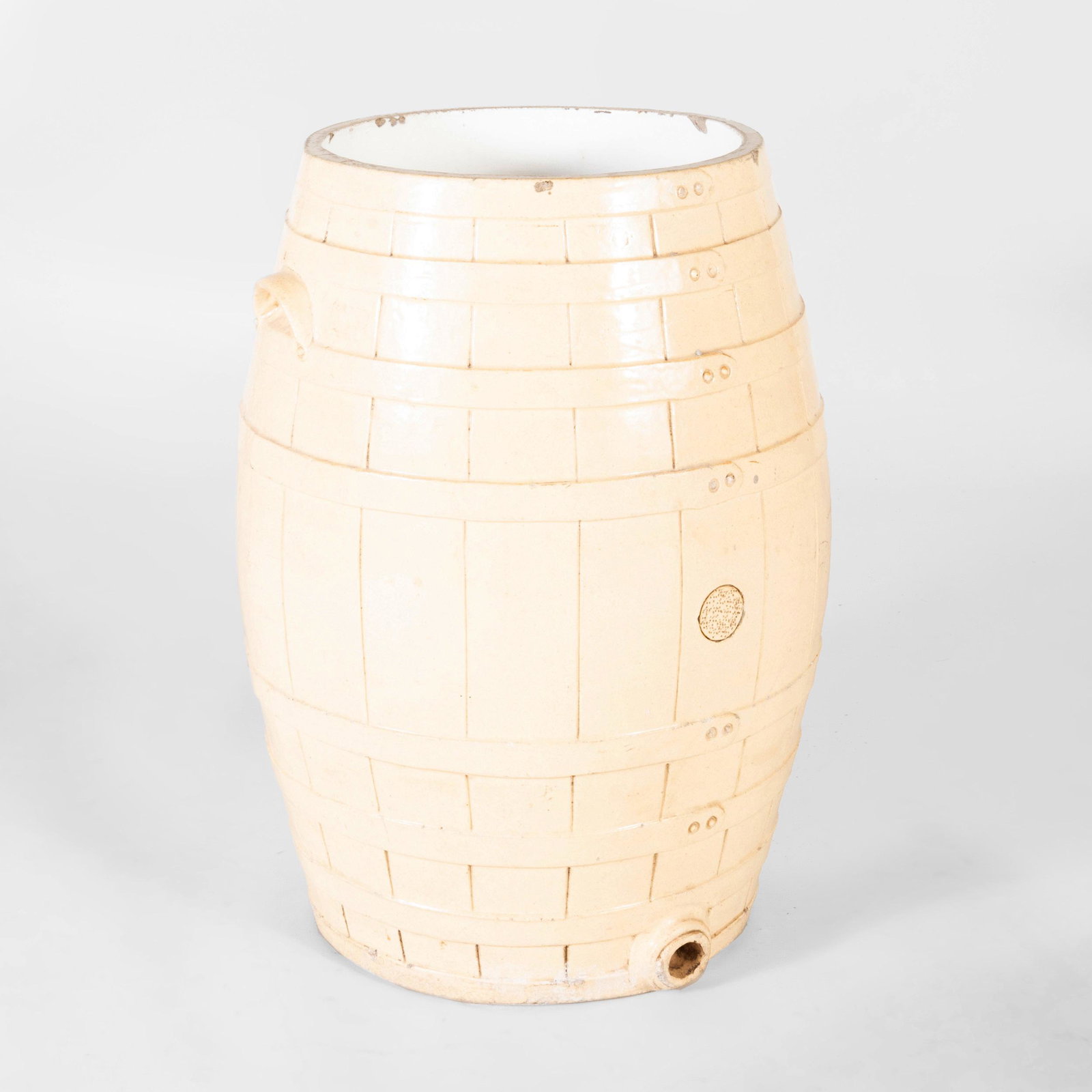 English Glazed Earthenware Barrel Form Cistern: English Glazed Earthenware Barrel Form Cistern 27 x 20 in. diam.