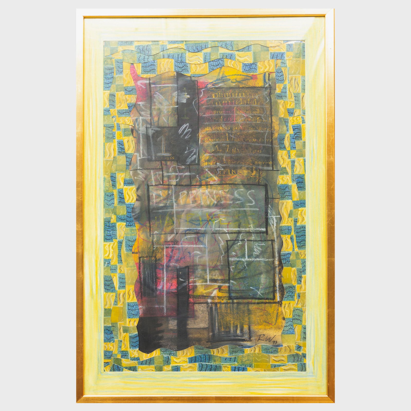 20th Century School: Untitled: 20th Century School: Untitled Mixed media collage on paper, 1993, signed with initials 'RW' and dated lower right. 41 x 26 1/2 in. (sight), 43 1/2 x 28 1/2 in. (frame).