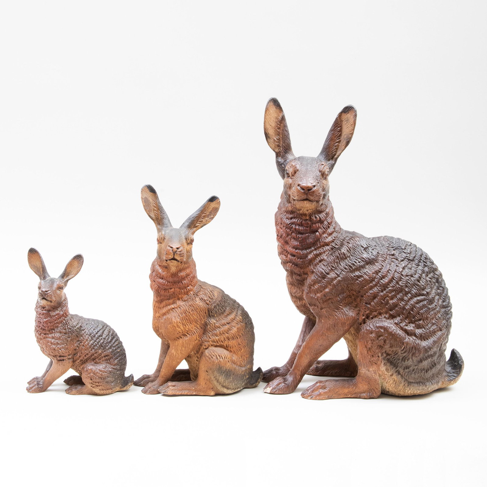 Three Continental Painted Terracotta Models of Hares in: Three Continental Painted Terracotta Models of Hares in Three Sizes The largest 19 in. high.