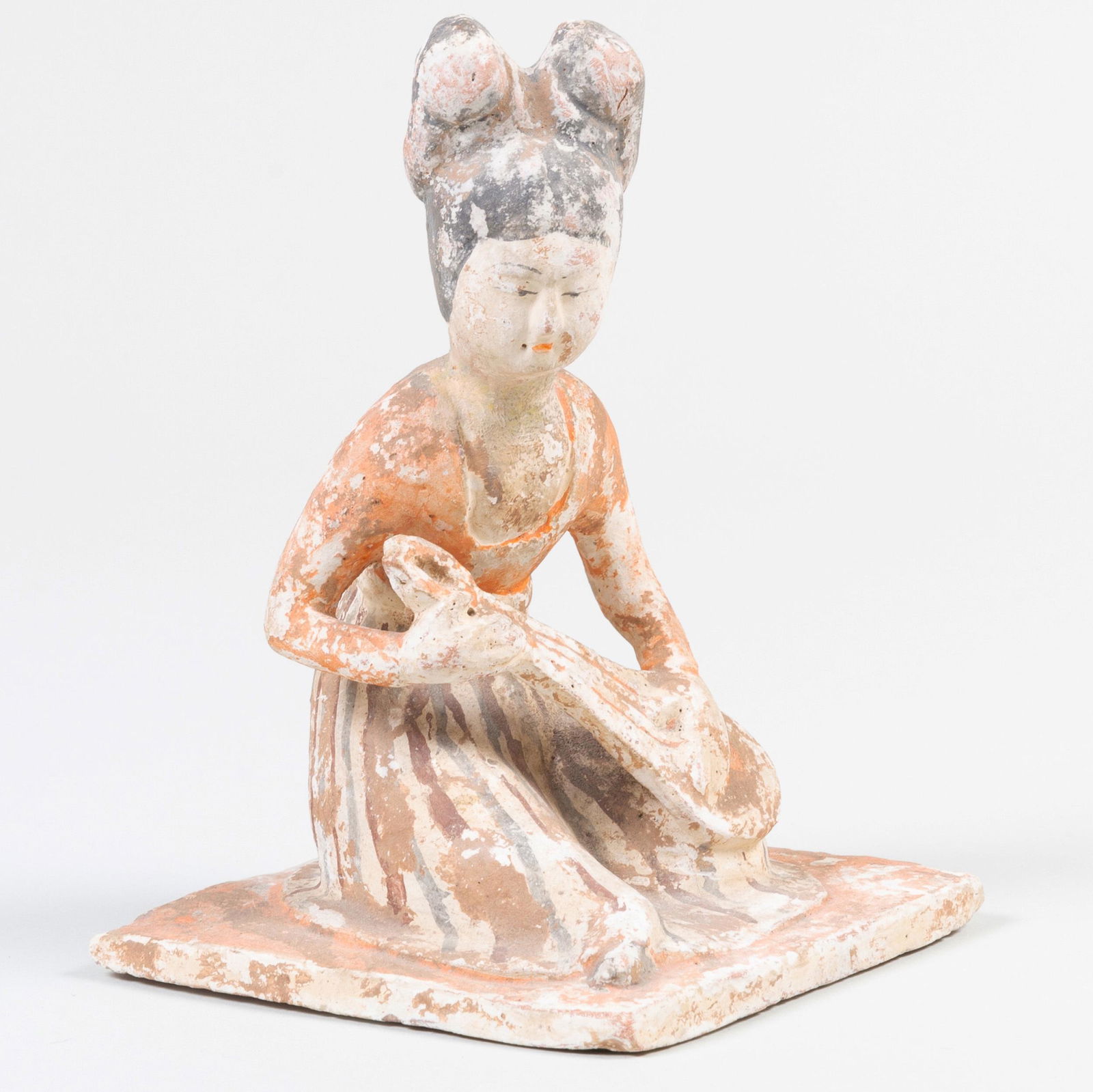 Chinese Tang Style Painted Pottery Tomb Figure of a: Chinese Tang Style Painted Pottery Tomb Figure of a Musician 7 1/2 in. high.