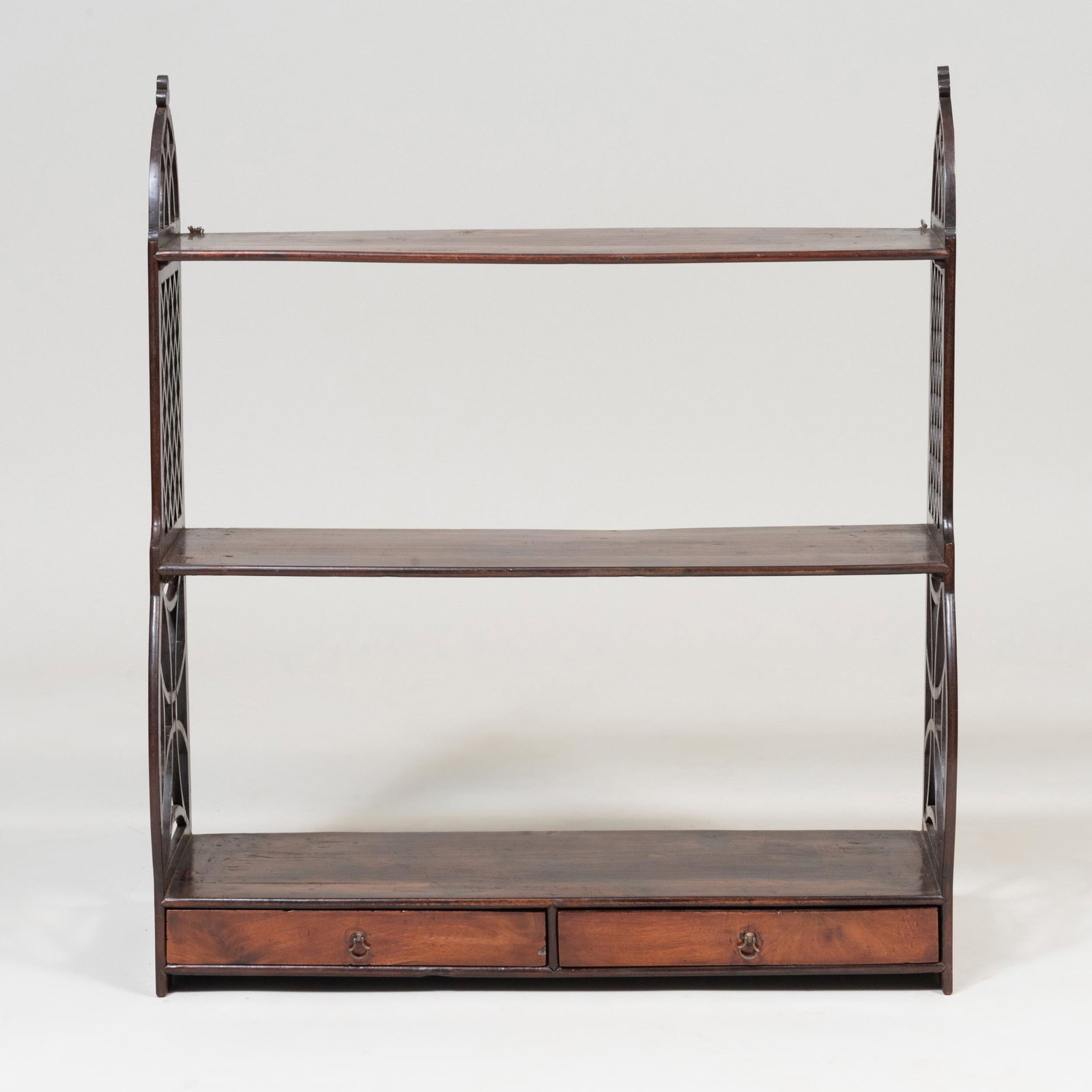 Late George III Stained Pine Three Tier Hanging Shelf: Late George III Stained Pine Three Tier Hanging Shelf Fitted with two drawers. 31 x 27 x 9 in.
