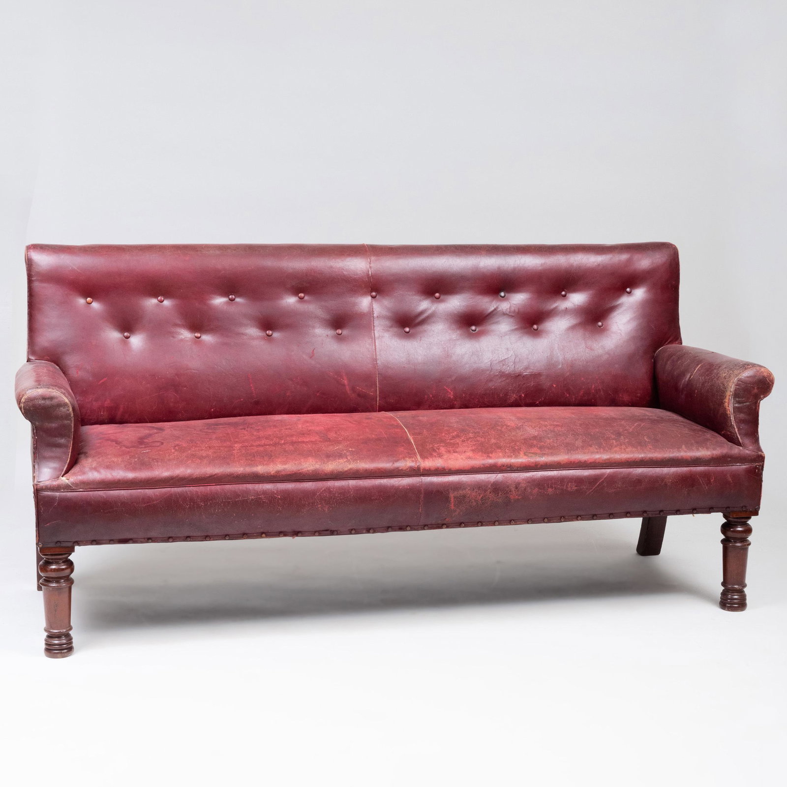 Edwardian Leather Upholstered Mahogany Billiards Bench: Edwardian Leather Upholstered Mahogany Billiards Bench 36 1/4 x 73 x 24 in.