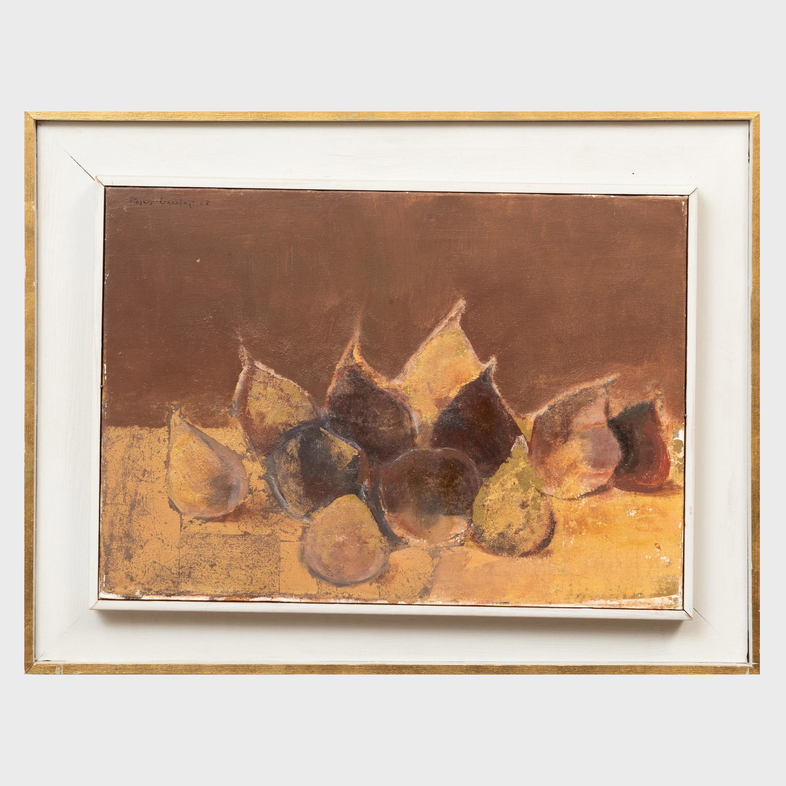 Roger Gerster (b.1939): Still Life with Pears: Roger Gerster (b.1939): Still Life with Pears Oil on canvas, 1967, signed 'Roger Gerster' and dated upper left, signed on the reverse. 14 x 19 3/4 in., 19 1/4 x 25 1/4 in. (frame).