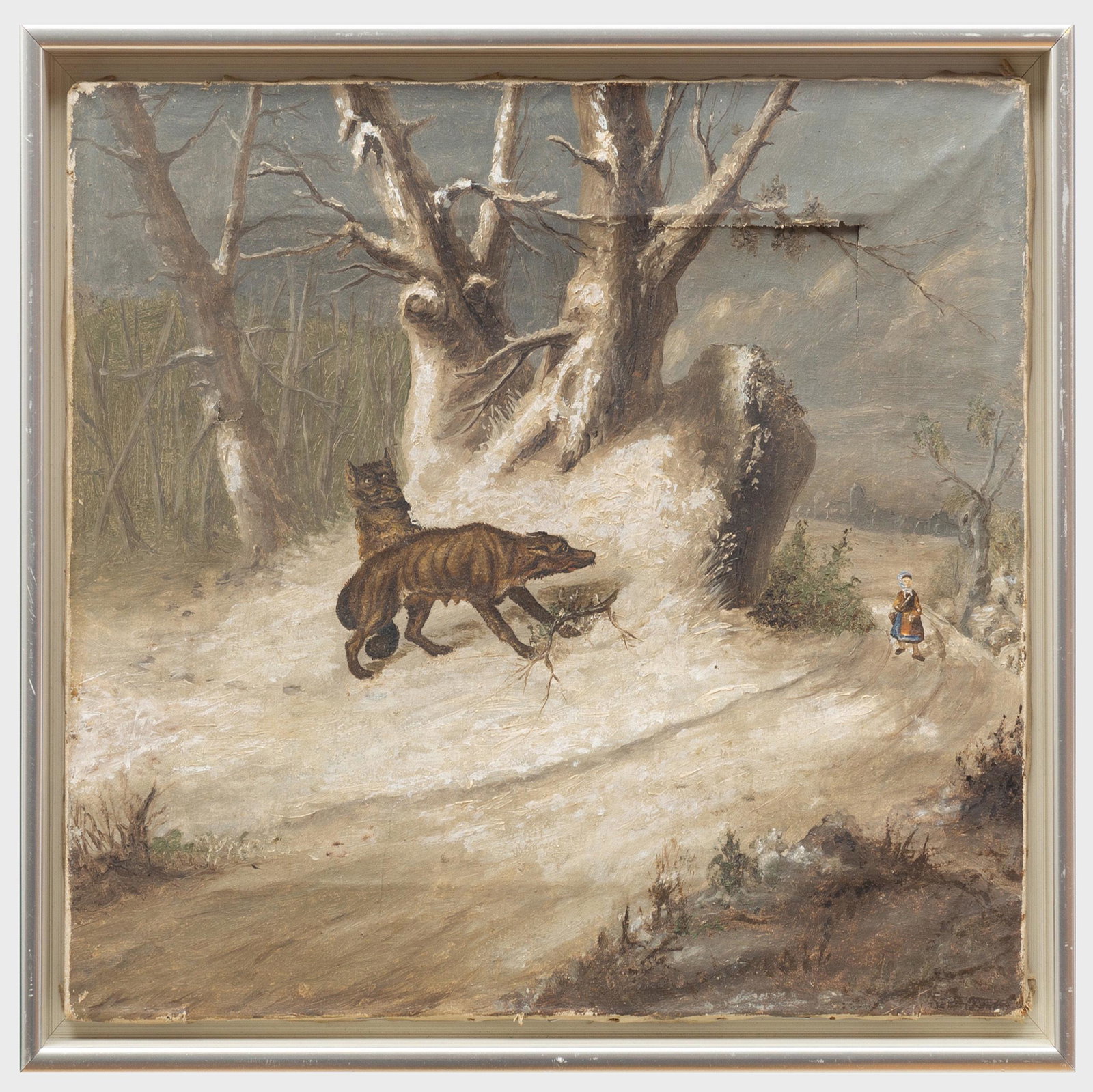 European School: Who's Afraid of the Dangerous Wolf: European School: Who's Afraid of the Dangerous Wolf Oil on canvas, unsigned. 11 x 12 1/2 in., 12 x 13 3/4 in. (frame). Bengt Janson.