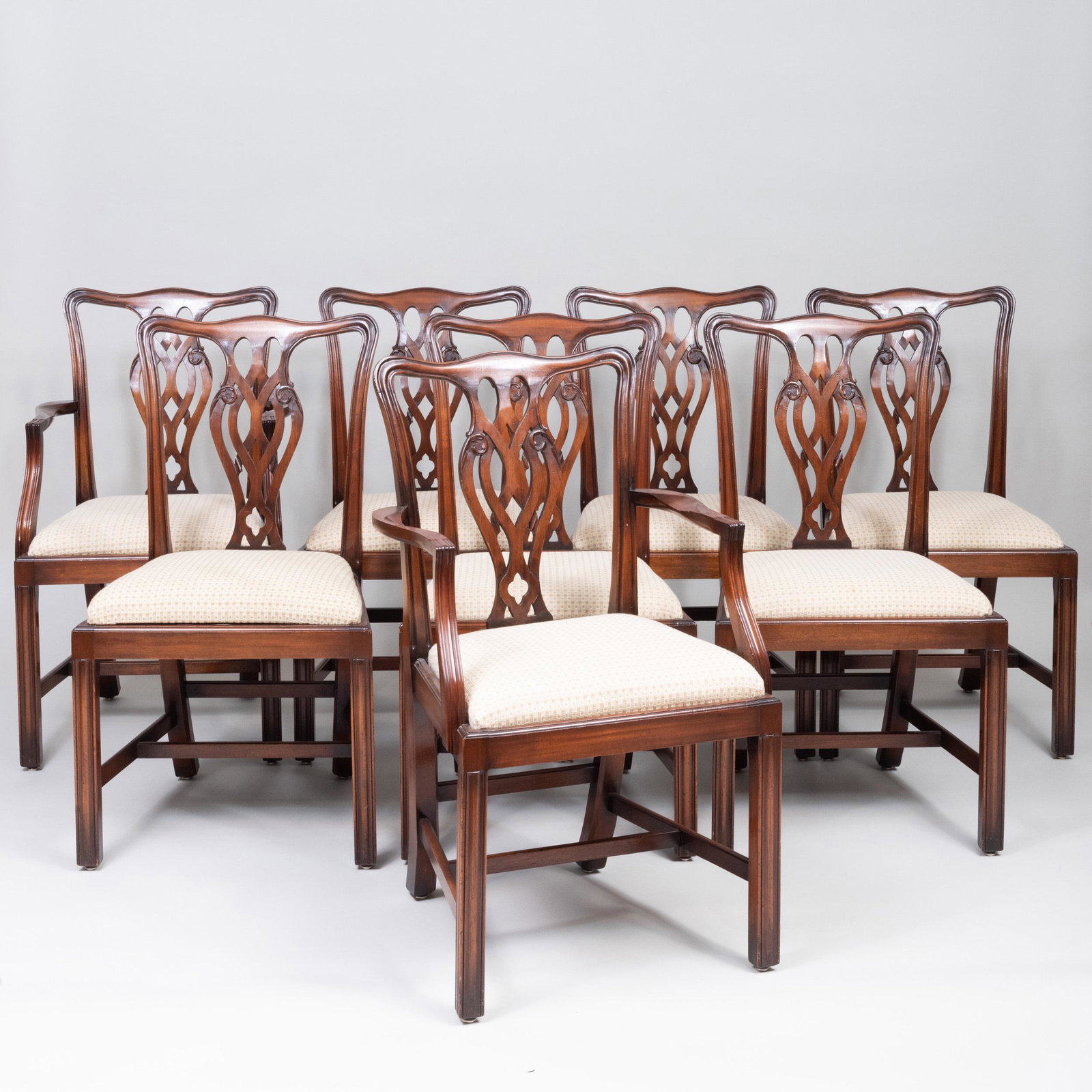 Set of Eight George III Style Mahogany Dining Chairs: Set of Eight George III Style Mahogany Dining Chairs Comprising a pair of armchairs and six side chairs. Arms: 37 x 21 1/2 x 21 in. Sides: 36 1/2 x 20 1/2 x 21 in.