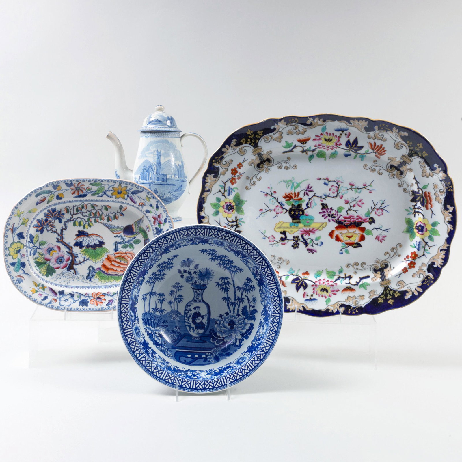 Group of English Transfer Printed Serving Wares: Group of English Transfer Printed Serving Wares Comprising: A Wedgwood Chinoiserie bowl, impressed uppercase mark A Stone China Imari decorated tray, printed mark A large ironstone Imari decorated tra