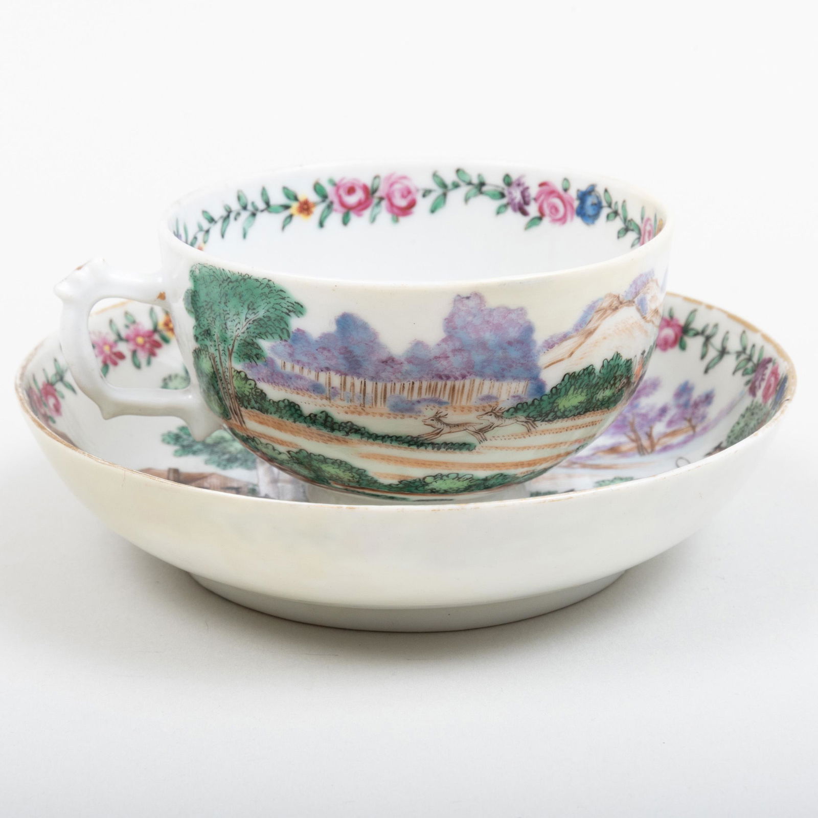 Chinese Export Porcelain Tea Bowl and Saucer Decorated: Chinese Export Porcelain Tea Bowl and Saucer Decorated with Fox Hunting Scenes The cup showing 'Full Cry' and the saucer showing 'The Death', after an engraving by Anthony Walker. The saucer 4 5/8 in.