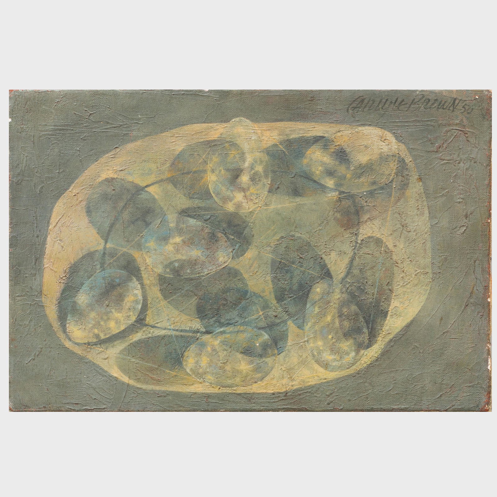 Carlyle Brown (1919-1964): Composition with Eggs: Carlyle Brown (1919-1964): Composition with Eggs Oil on canvas, 1950, signed 'Carlyle Brown' and dated upper right. 8 x 11 3/4 in., unframed. Property From the Estate of Thomas A. Cox
