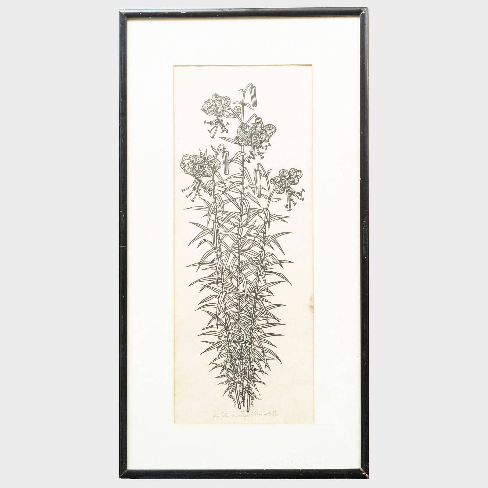 Jacques Hnizdovsky (1915-1985): Tiger Lilies: Jacques Hnizdovsky (1915-1985): Tiger Lilies Woodcut in black on Chine, 1970, signed, titled and dated in pencil, numbered 42/120, with label from Associated American Artists. 22 3/4 x 8 1/2 in. (sigh