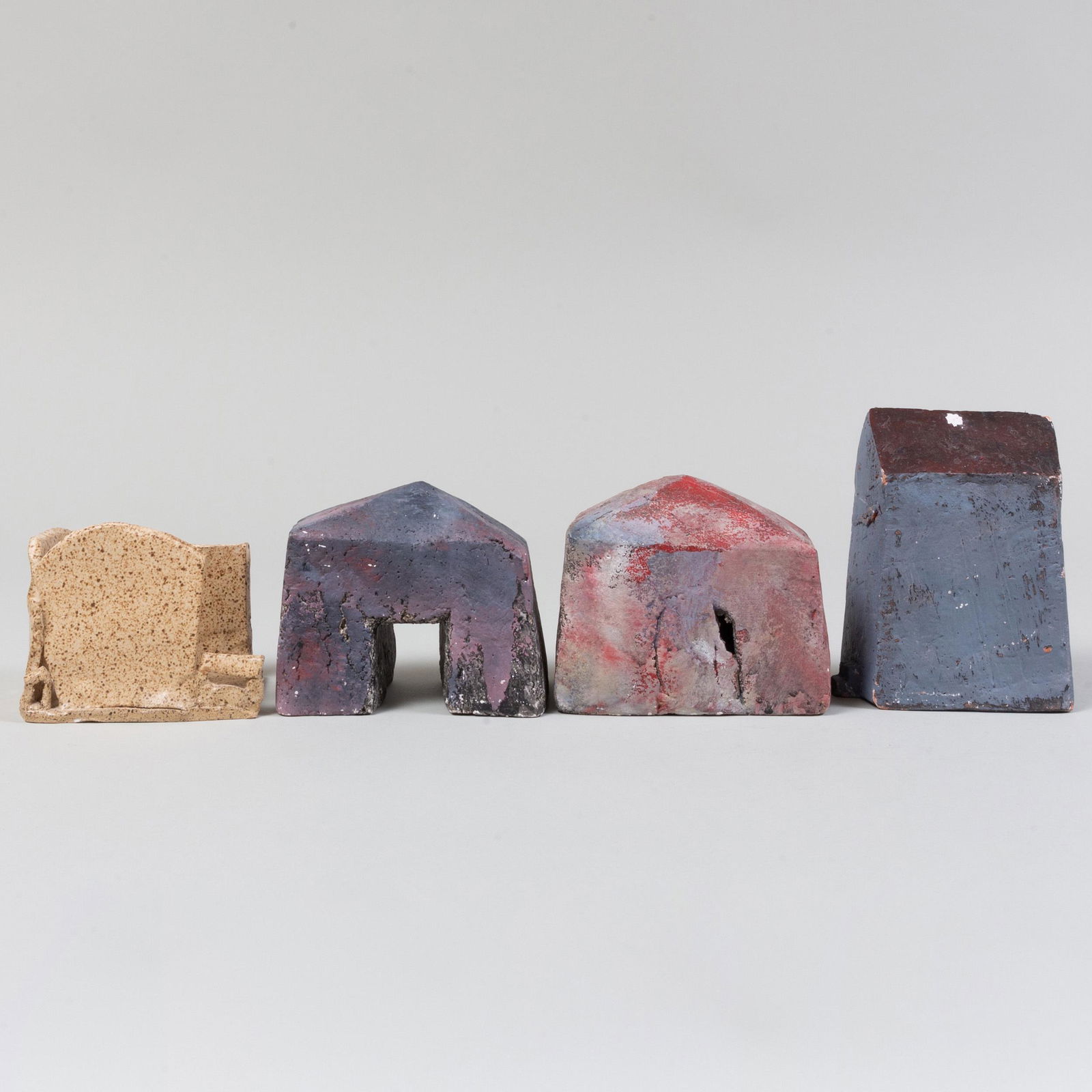 Three Elizabeth Suisson Handbuilt Clay Models of Houses: Three Elizabeth Suisson Handbuilt Clay Models of Houses Signed; together with another glazed earthenware abstract model of a house. The largest 6 in. high.
