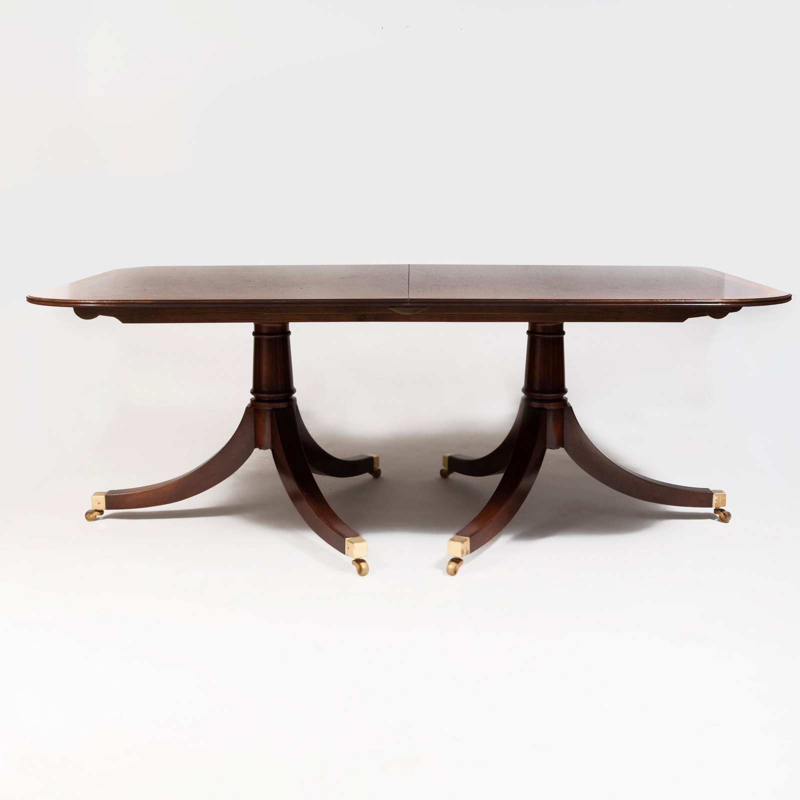 George III Style Inlaid Mahogany Double Pedestal Dining: George III Style Inlaid Mahogany Double Pedestal Dining Table 29 1/2 x 6 ft. 6 1/2 (without leaves) x 48 1/2 in. Fitted with two leaves, width:24 in. Stair Galleries, 13637/2