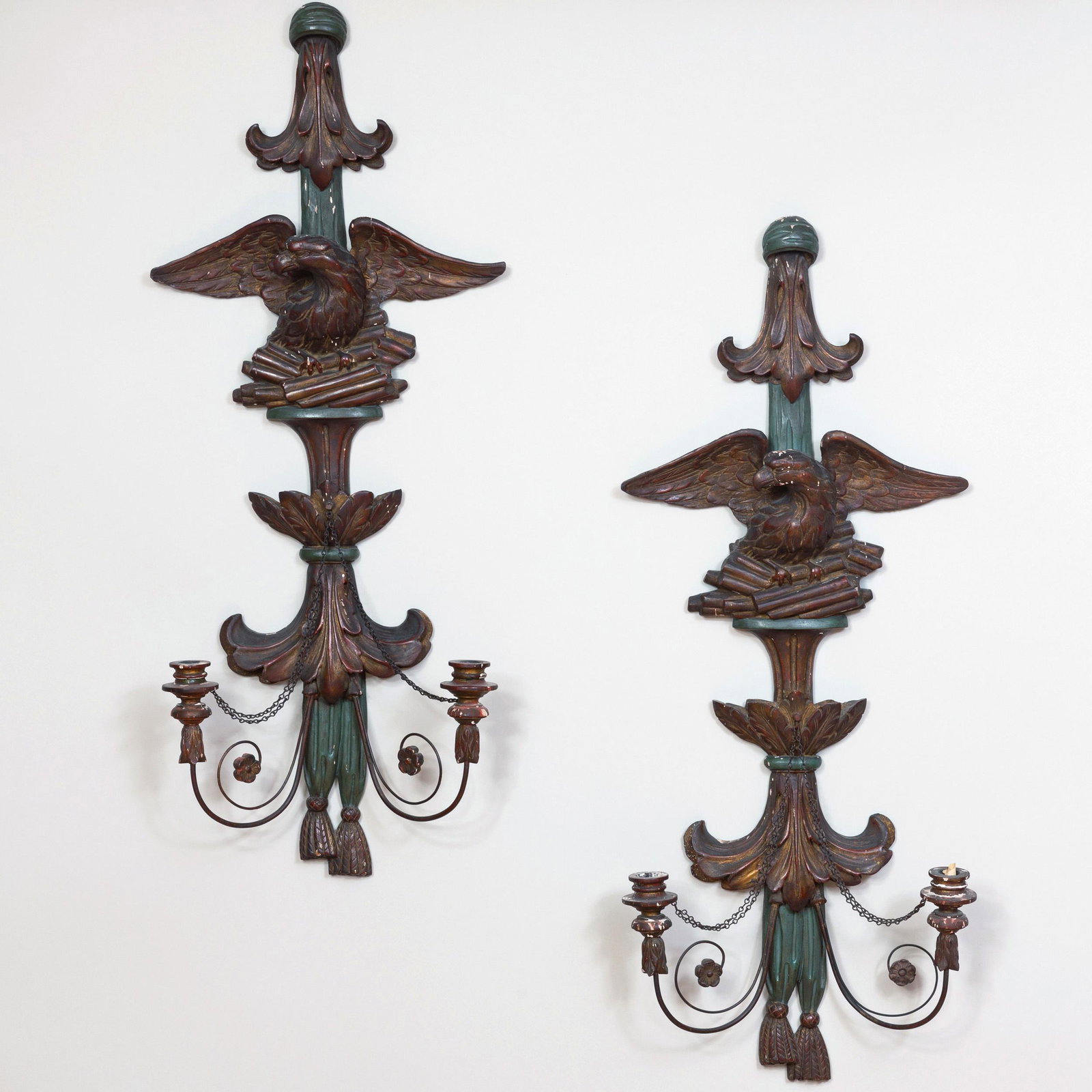 Pair of Federal Style Giltwood and Green Painted Eagle: Pair of Federal Style Giltwood and Green Painted Eagle Twin Branch Wall Sconces 42 x 17 x 7 in. Property from a Distinguished Gentleman, New York City