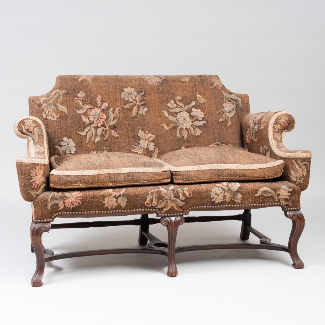 William and Mary Style Walnut and Needlepoint Settee: William and Mary Style Walnut and Needlepoint Settee 35 1/2 x 54 x 27 in. Sold Stair Galleries, October 26, 2103, Lot 711.