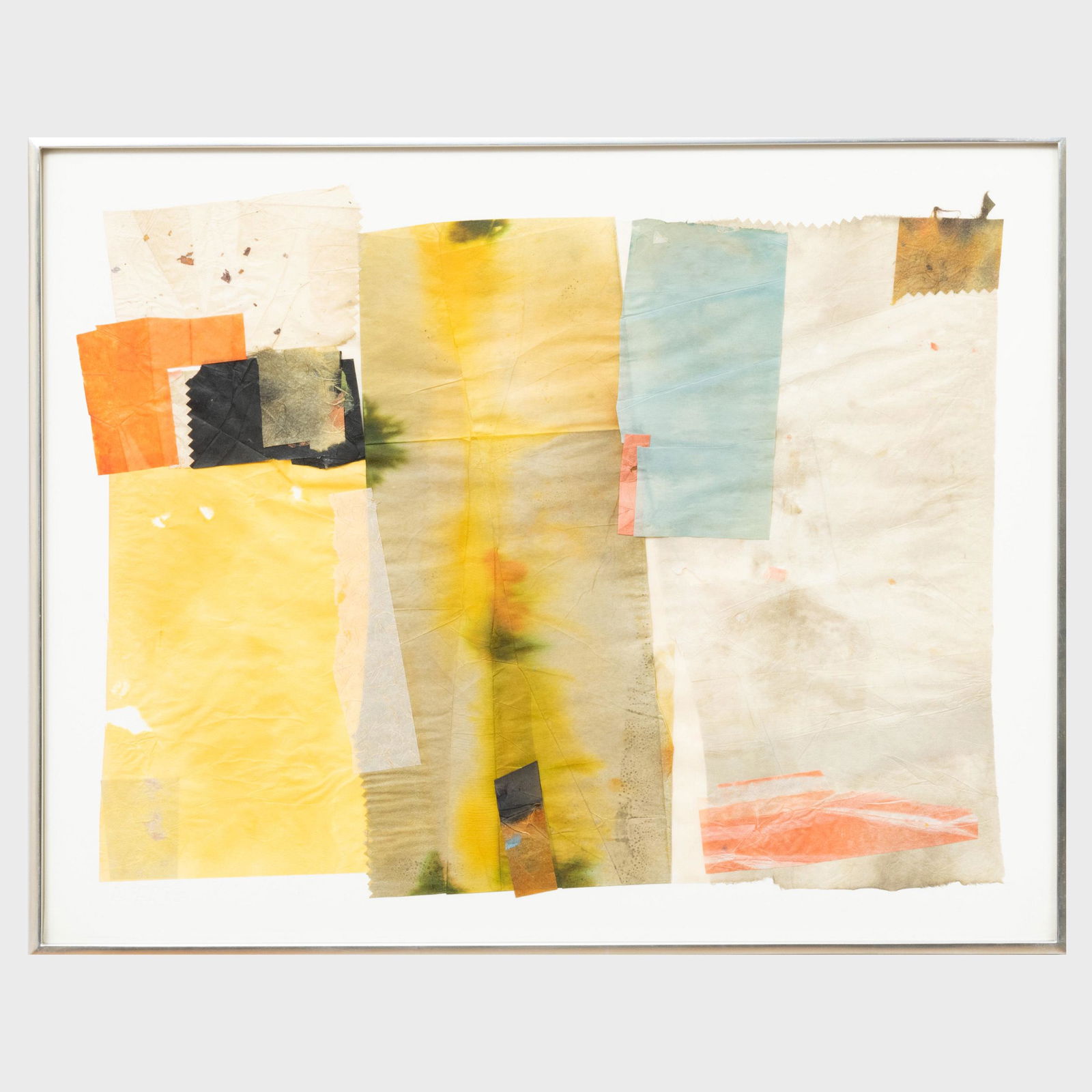 Abe Ajay (1919-1997): Collage #5WCC78: Abe Ajay (1919-1997): Collage #5WCC78 Watercolor and collage, 1978, with the artist's embossed signature and date lower left, with label from Aaron Berman Gallery, NY. Approximately 16 1/2 x 20 3/4 n.