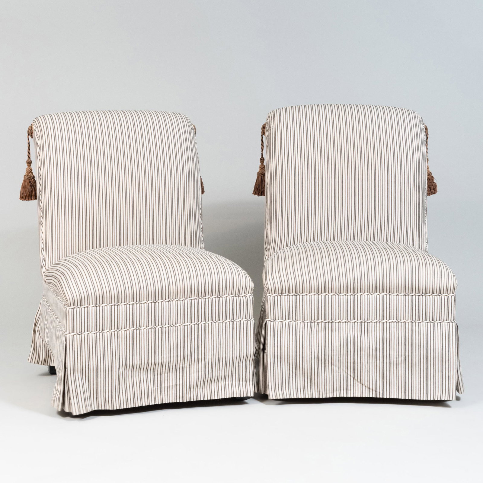 Pair of Striped Cotton Slipper Chairs: Pair of Striped Cotton Slipper Chairs 33 1/4 x 23 x 28 in. Height of seat: 16 in.
