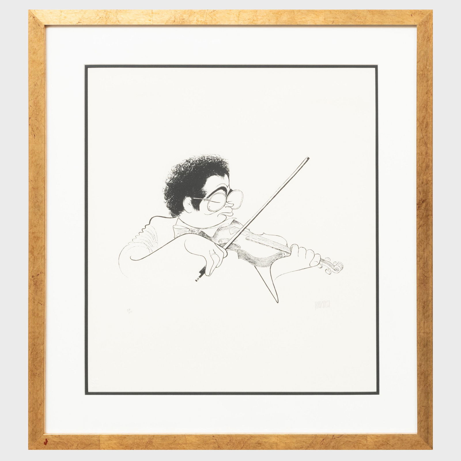 Al Hirschfeld (1903-2003): Itzhak Perlman: Al Hirschfeld (1903-2003): Itzhak Perlman Lithograph in black on wove paper, signed in pencil, numbered 56/100, with label from Margo Feiden Galleries, NY. 20 1/2 x 18 in. (sight), 28 x 25 1/2 in. (fr
