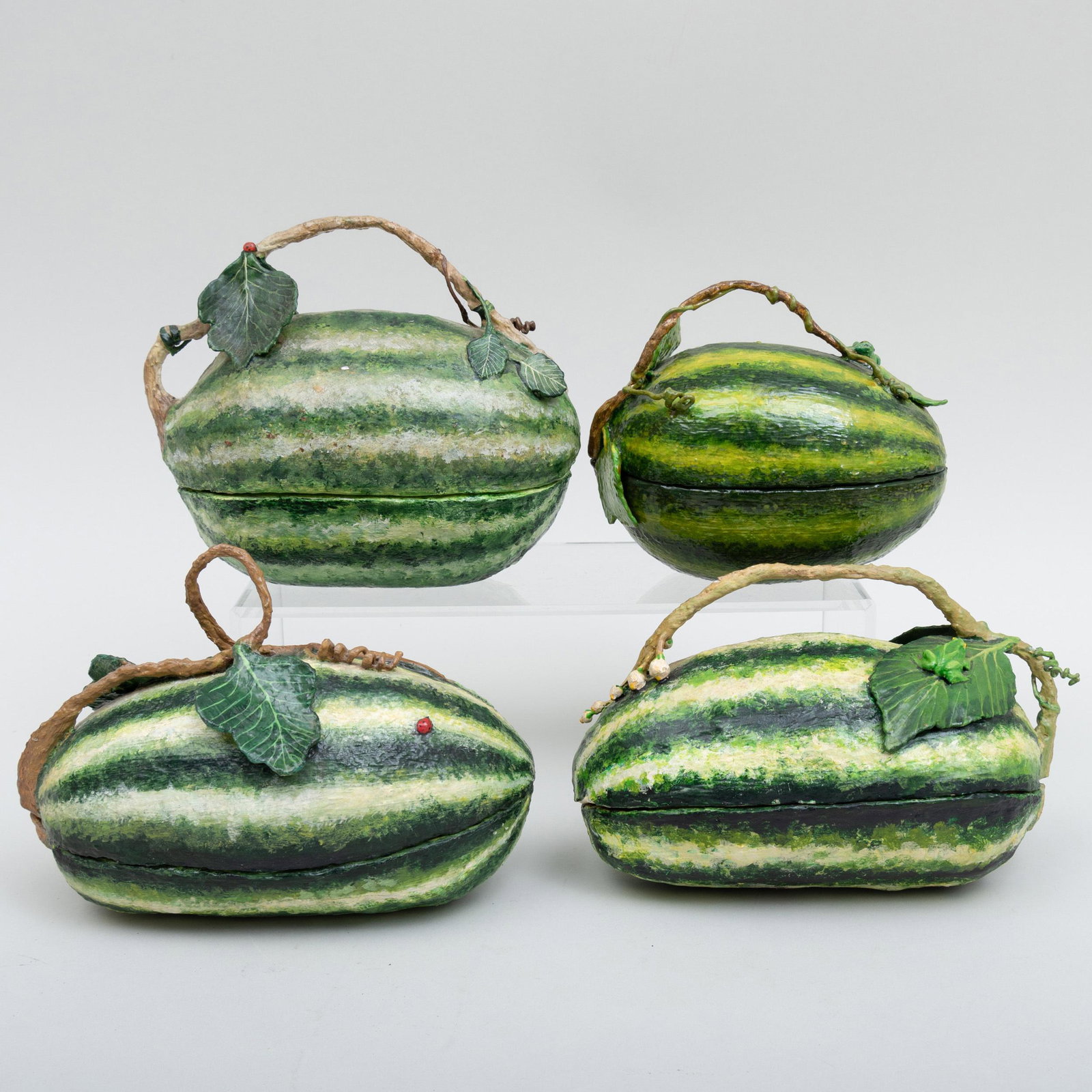 Group of Four Papier Mache Watermelon Form Boxes: Group of Four Papier Mache Watermelon Form Boxes Three signed 'Stephens' and variously dated. The largest 8 in. long.