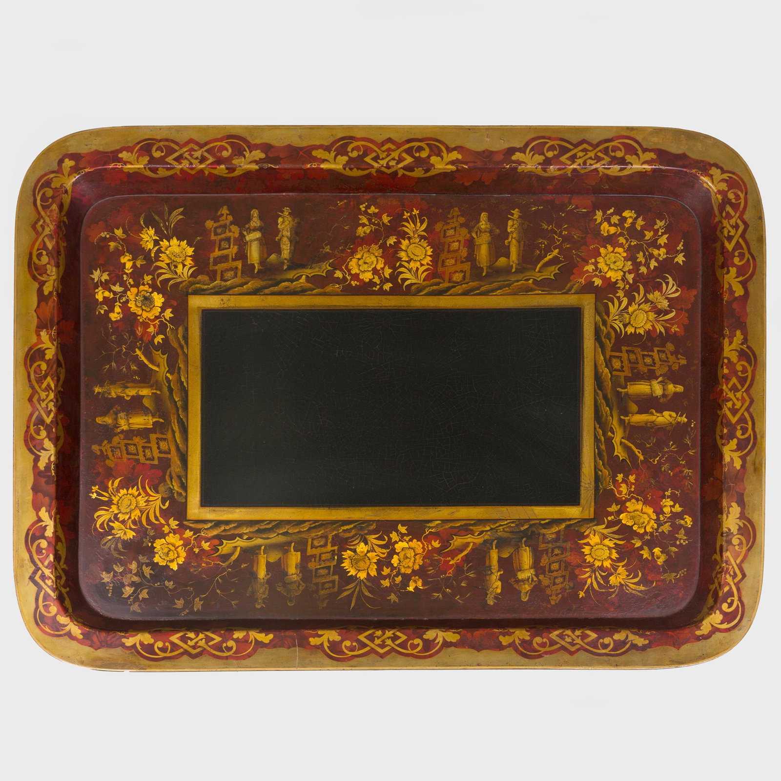 Large Victorian Red and Black Painted and Parcel-Gilt: Large Victorian Red and Black Painted and Parcel-Gilt Papier Maché Tray 35 3/4 x 27 3/8 in.